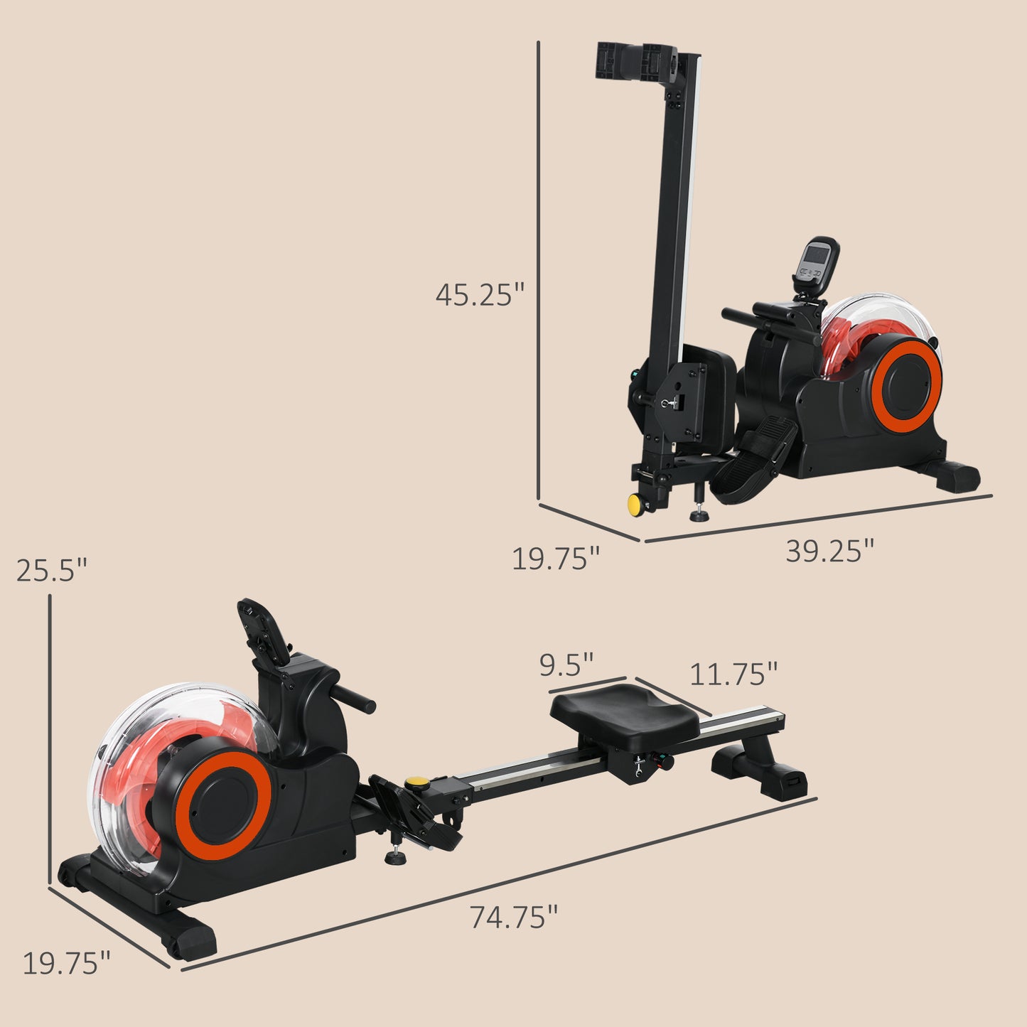 Black water rower with orange accents featuring a digital monitor