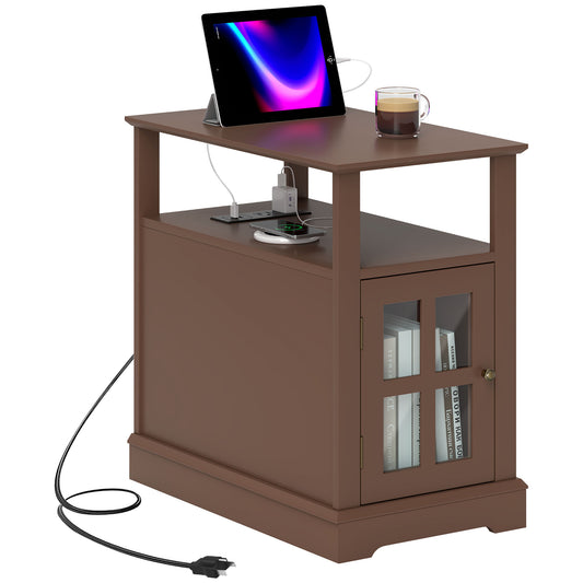 Brown end table with integrated charging station and glassdoor cabinet