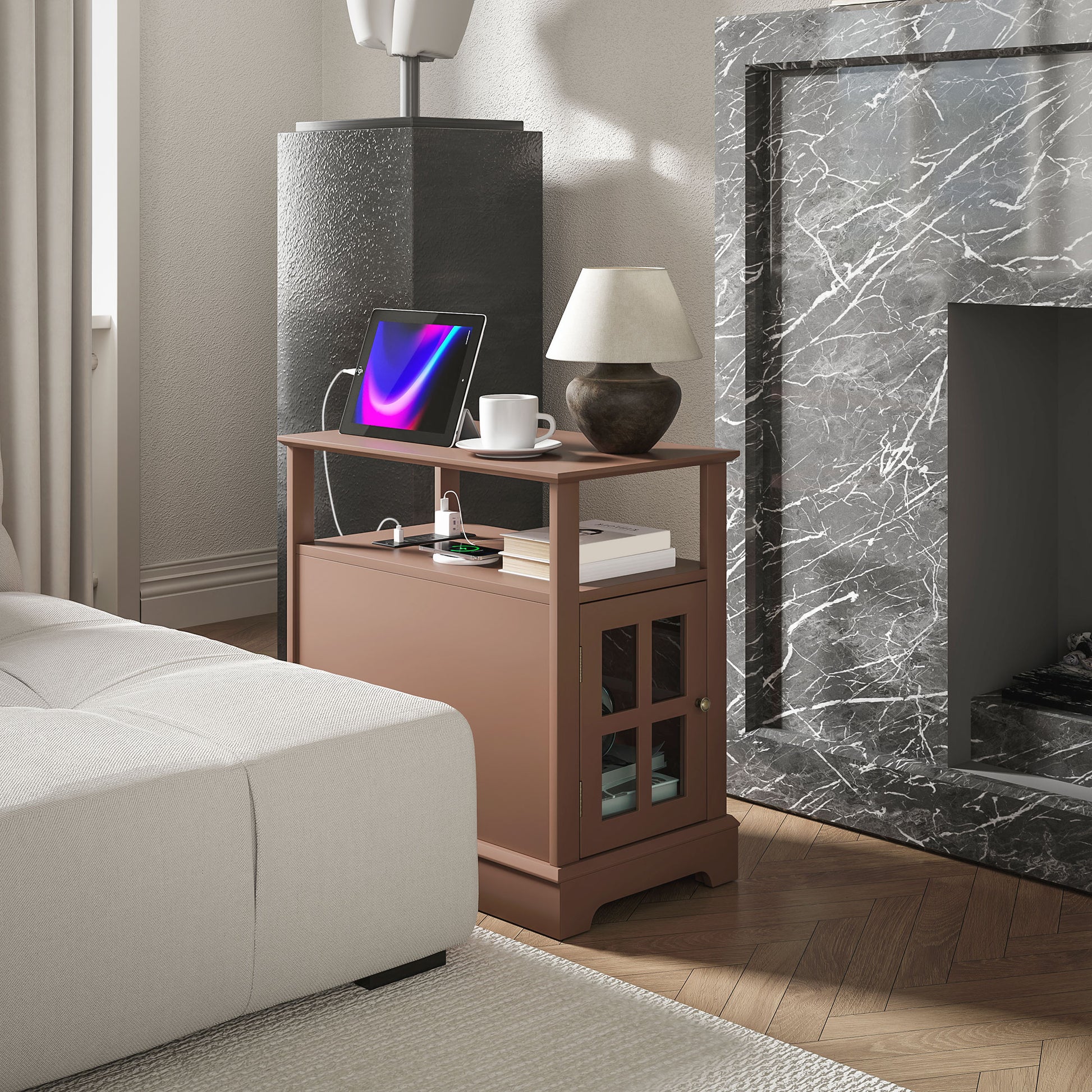 Brown end table with builtin USB charging ports a drawer and glasspaneled cabinet door for living room organization