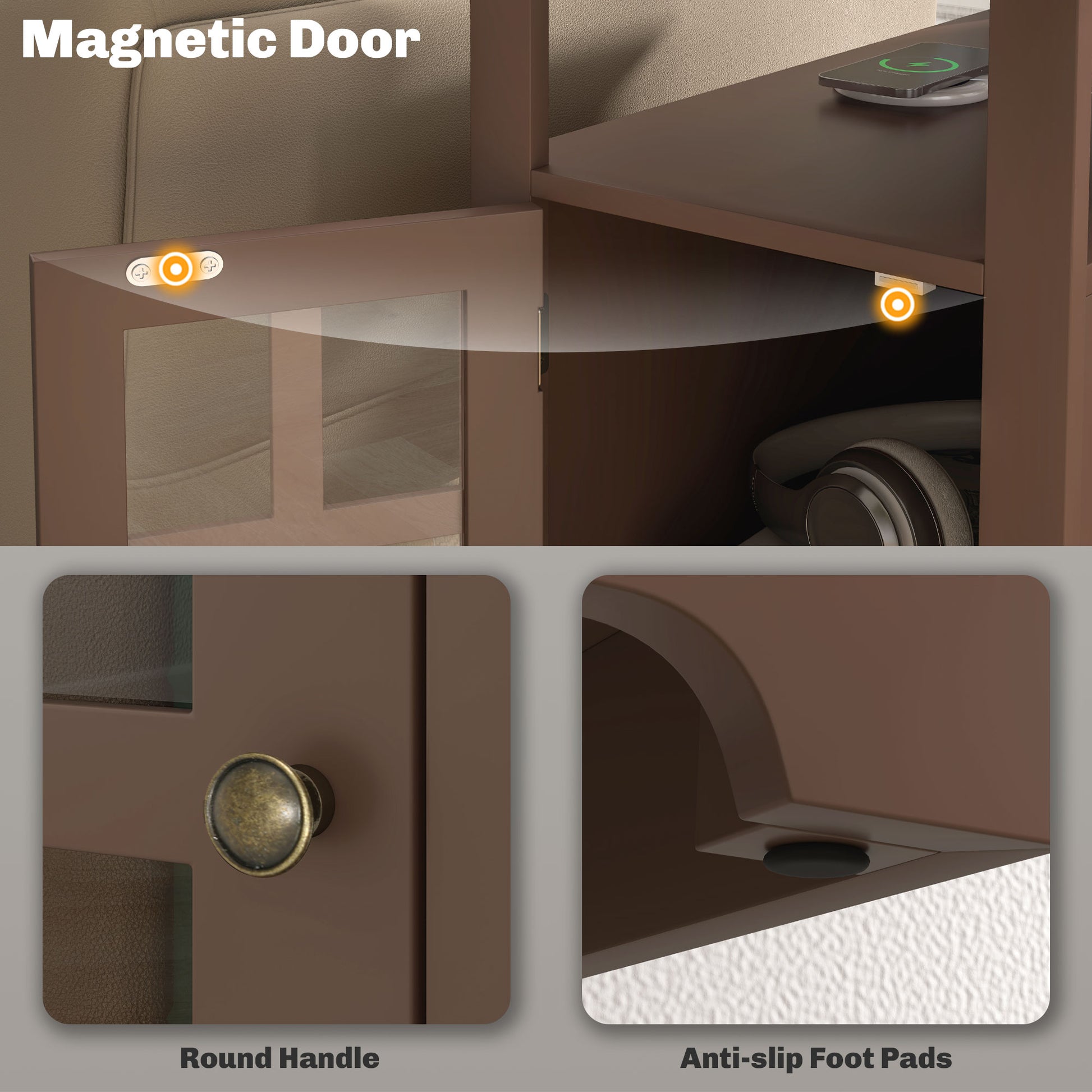 Brown furniture with magnetic door closure mechanism and integrated LED light