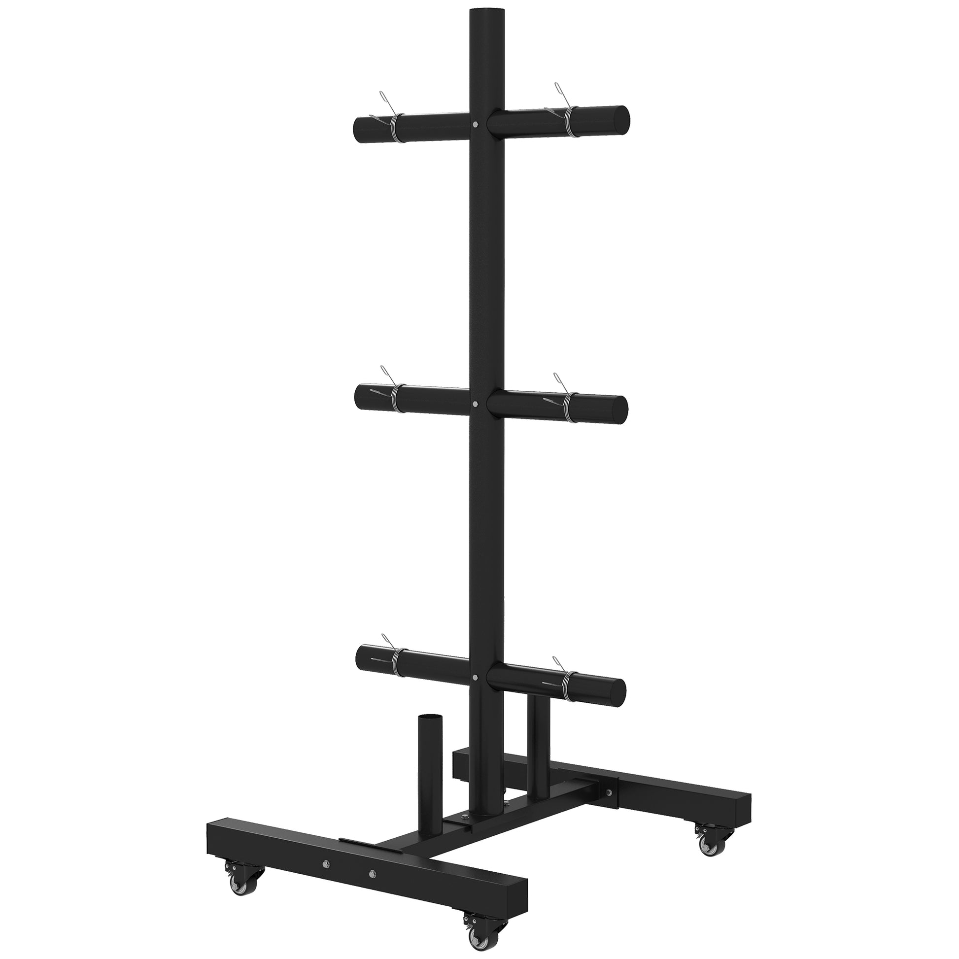 Black metal weight plate rack with three horizontal bars for Olympic plates