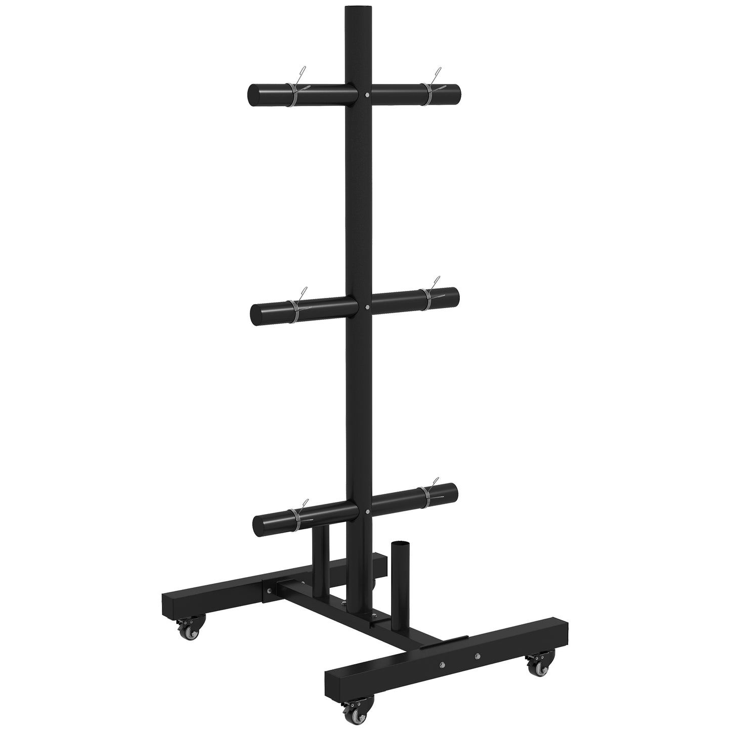 Black metal barbell plate tree with wheels for gym organization