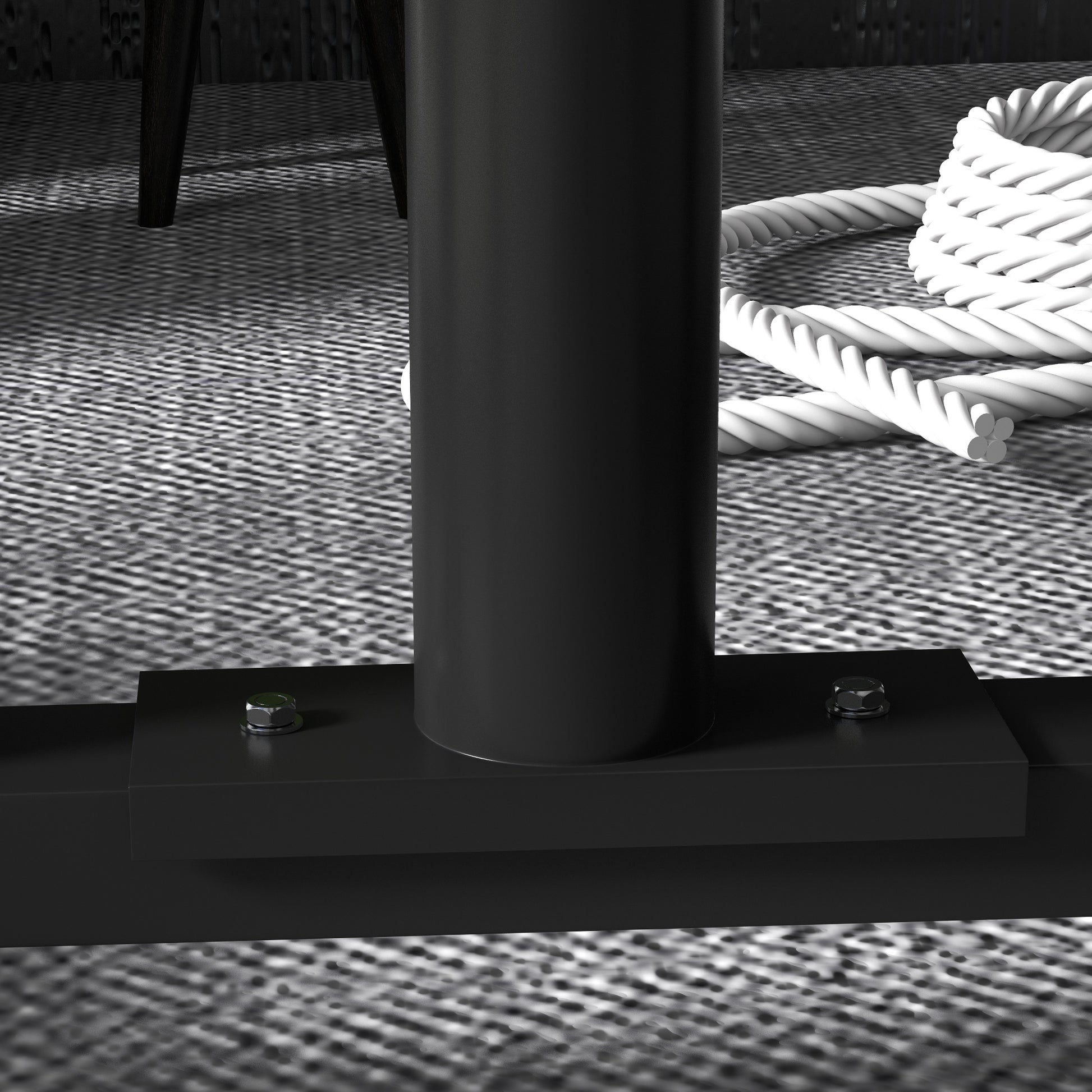 Black metal pole with secure bolt assembly on textured carpet