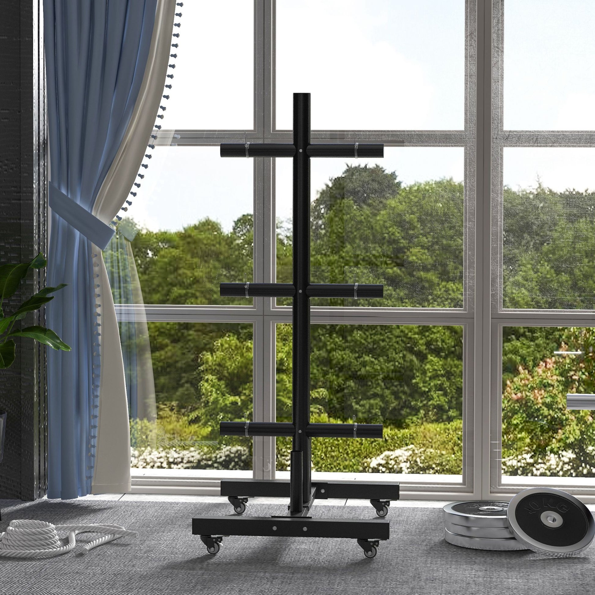 Black Olympic weight tree with  tiers for organized home gym storage
