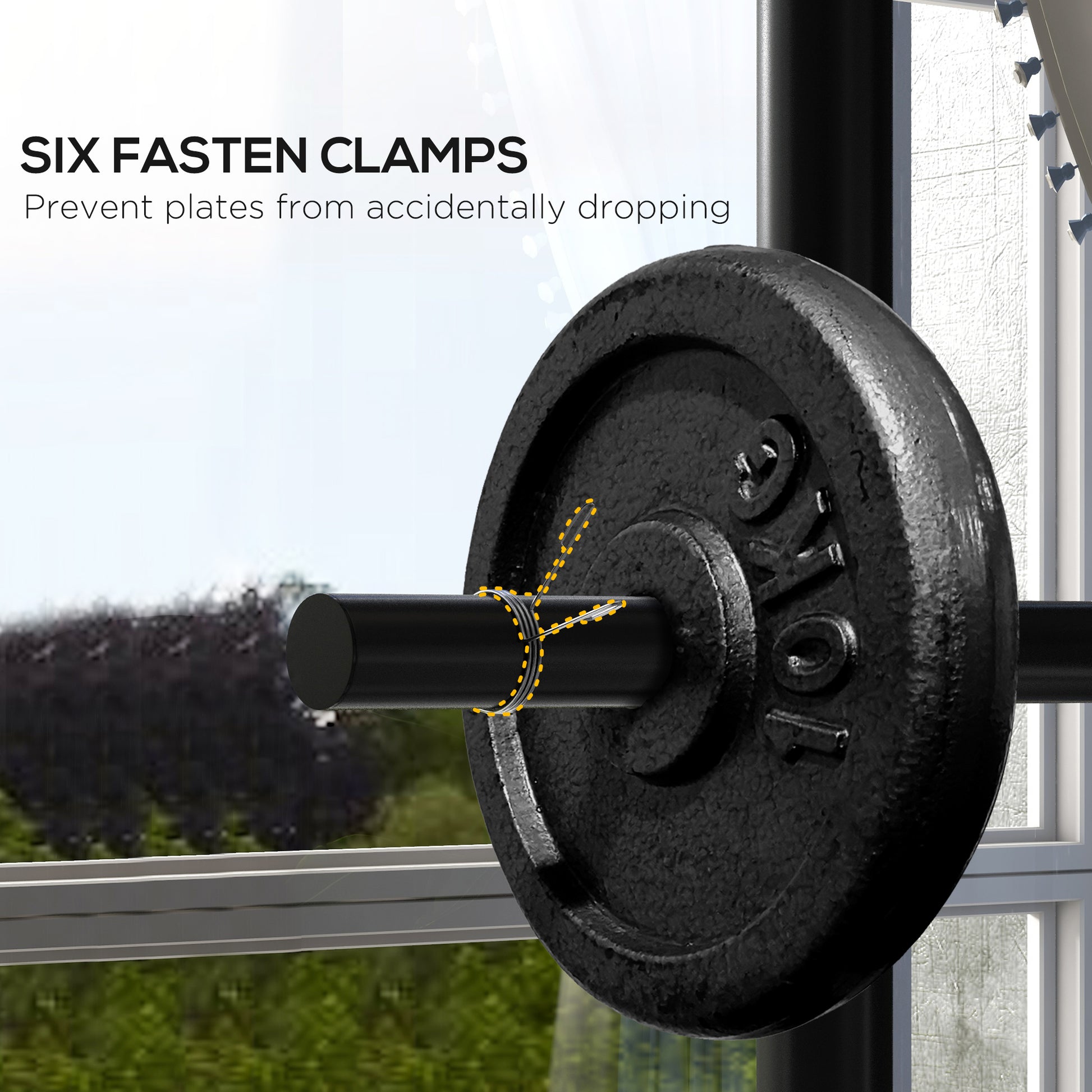 Closeup of a kg weight plate secured to a barbell with silver spring collars