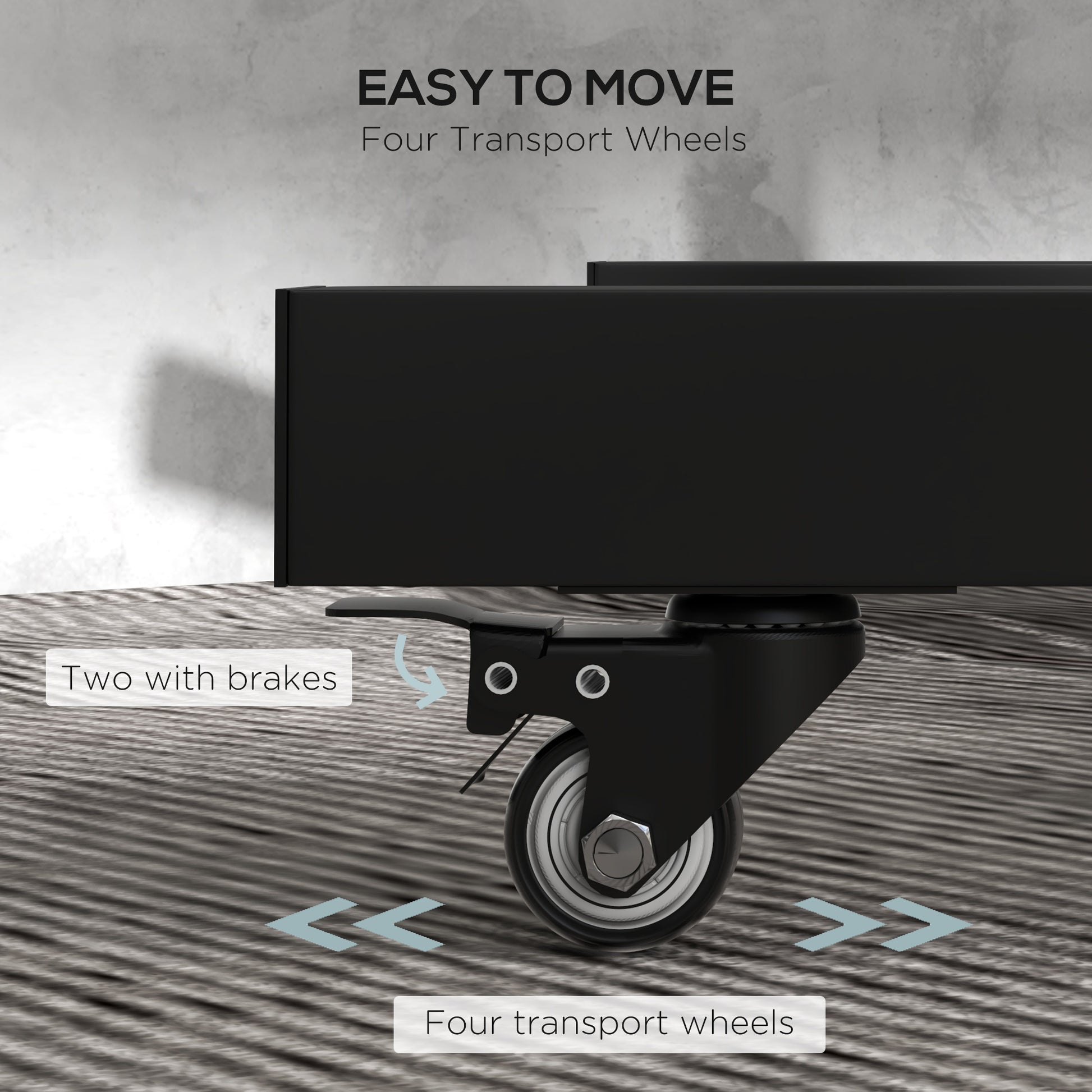 Black metal frame with four durable transport wheels two featuring brakes