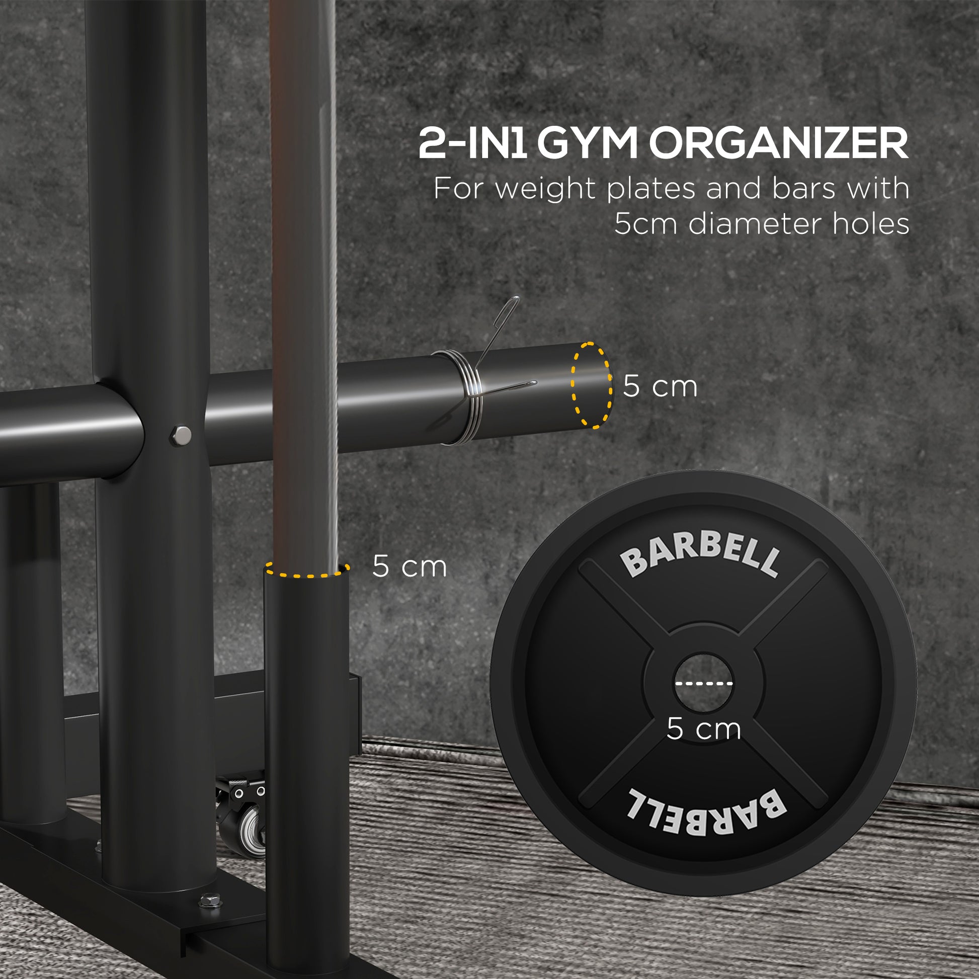 Black steel in gym organizer rack for weight plates and barbell bars