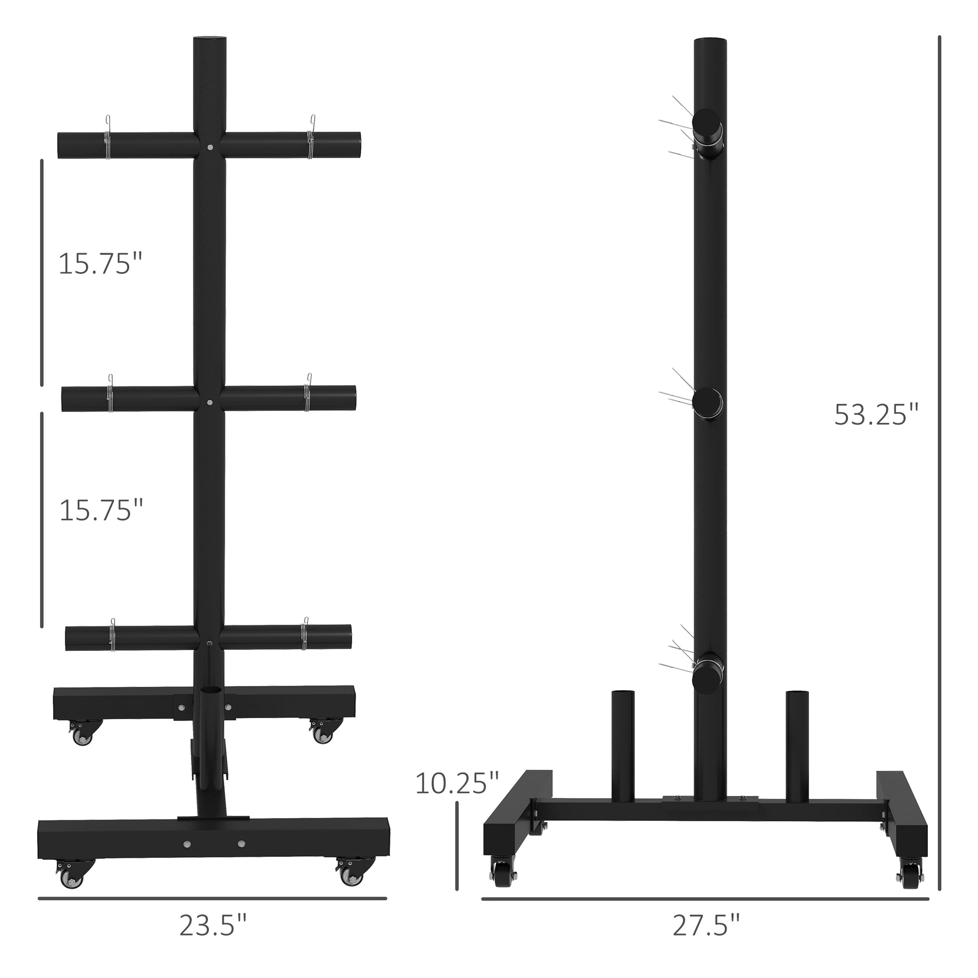 Black adjustable weight plate rack with wheels for gym storage