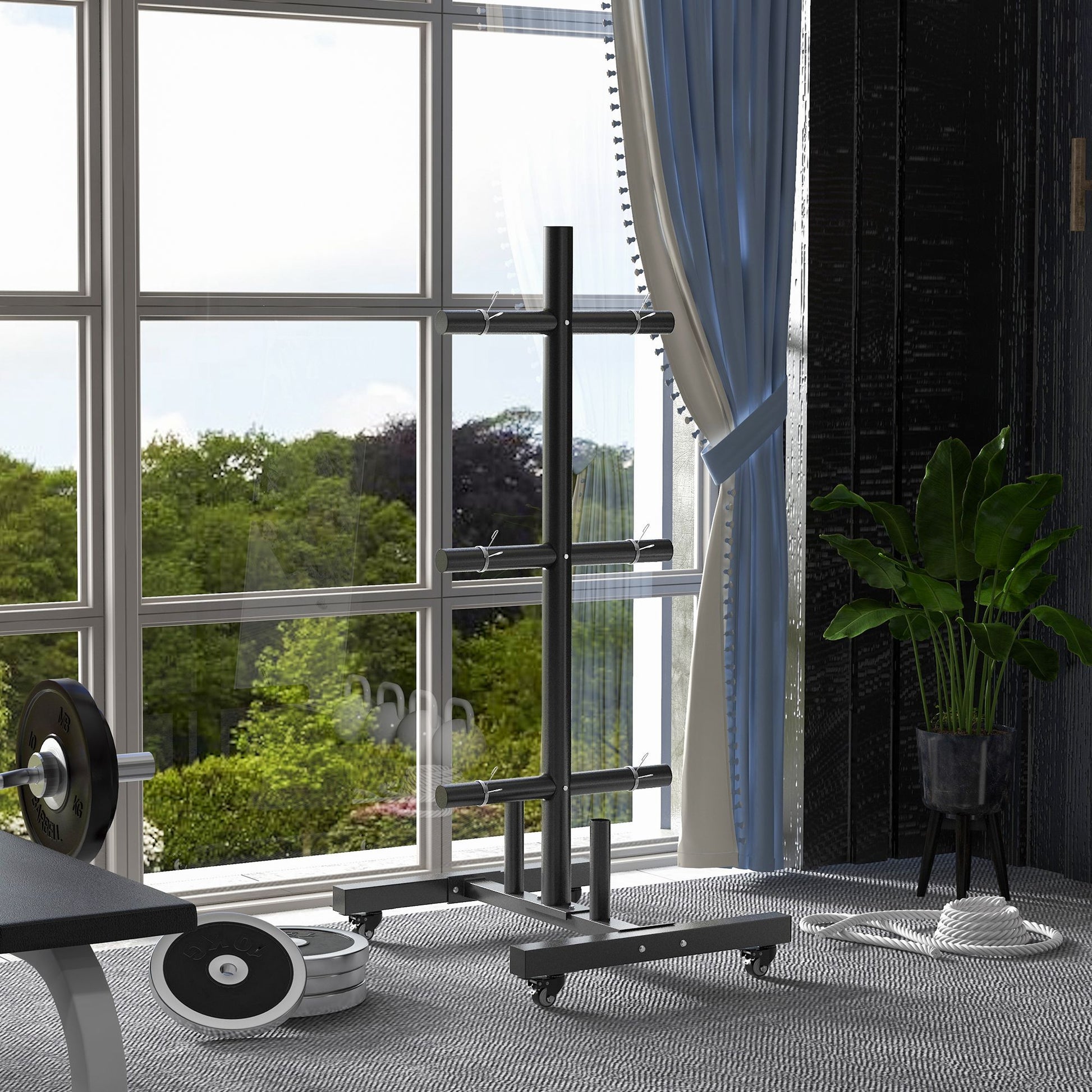 Black weight plate rack with wheels organizing gym equipment for home workouts