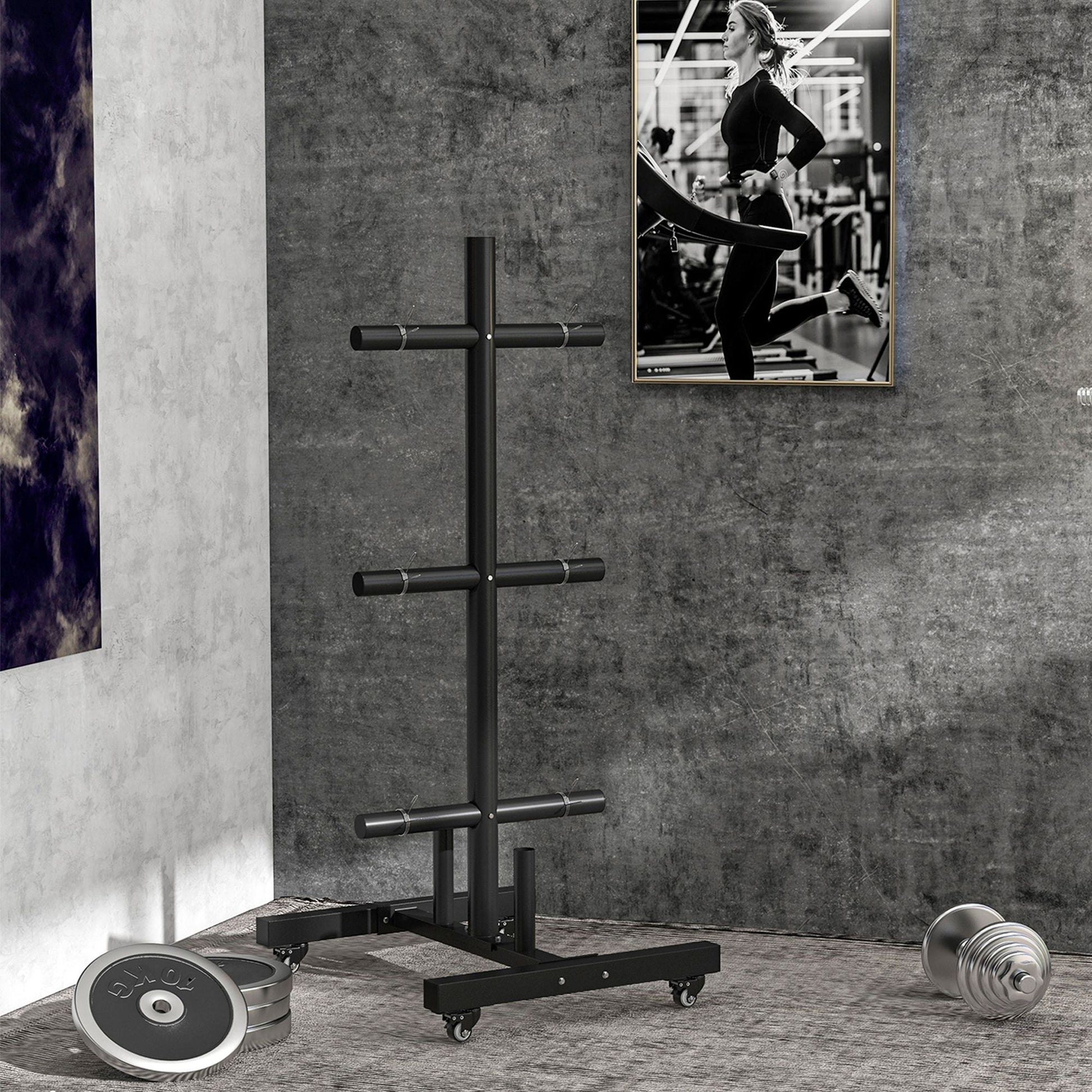 Black Olympic plate tree with wheels for gym storage