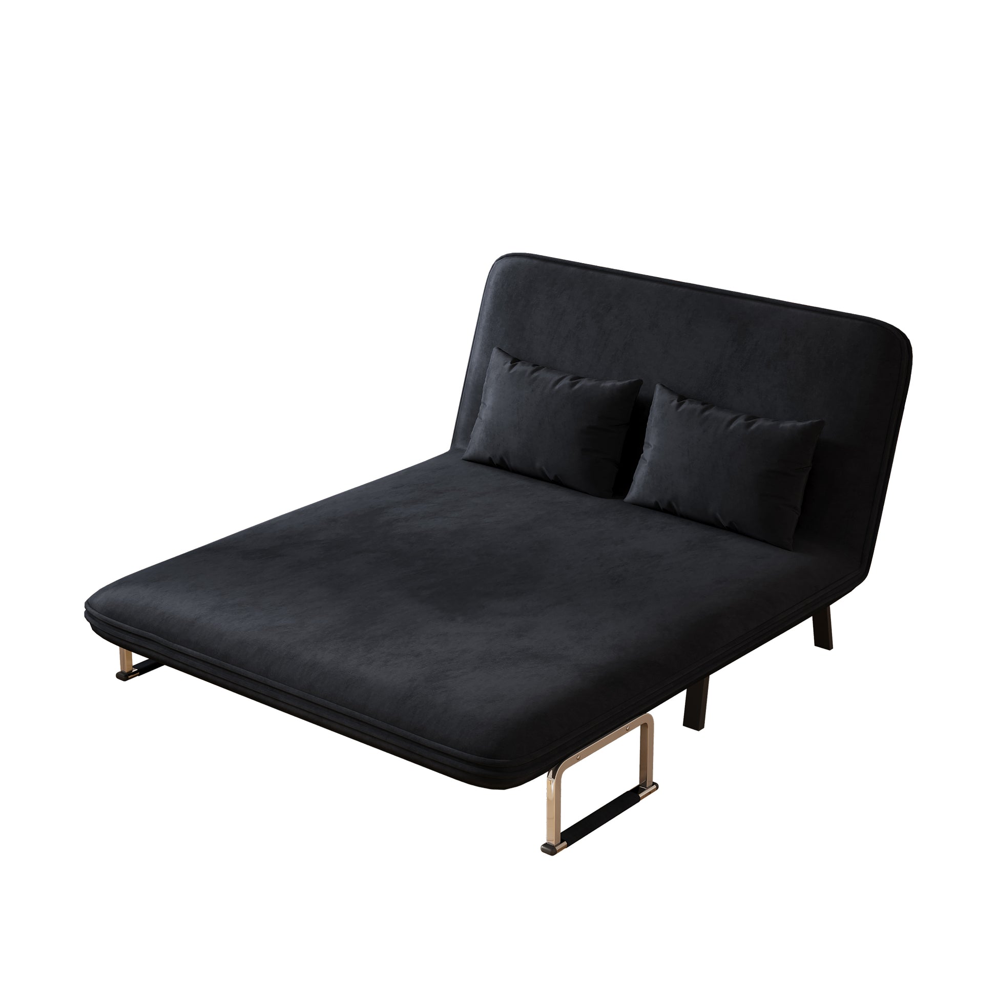 Black velvet sofa bed with two cushions perfect for small spaces and guest rooms