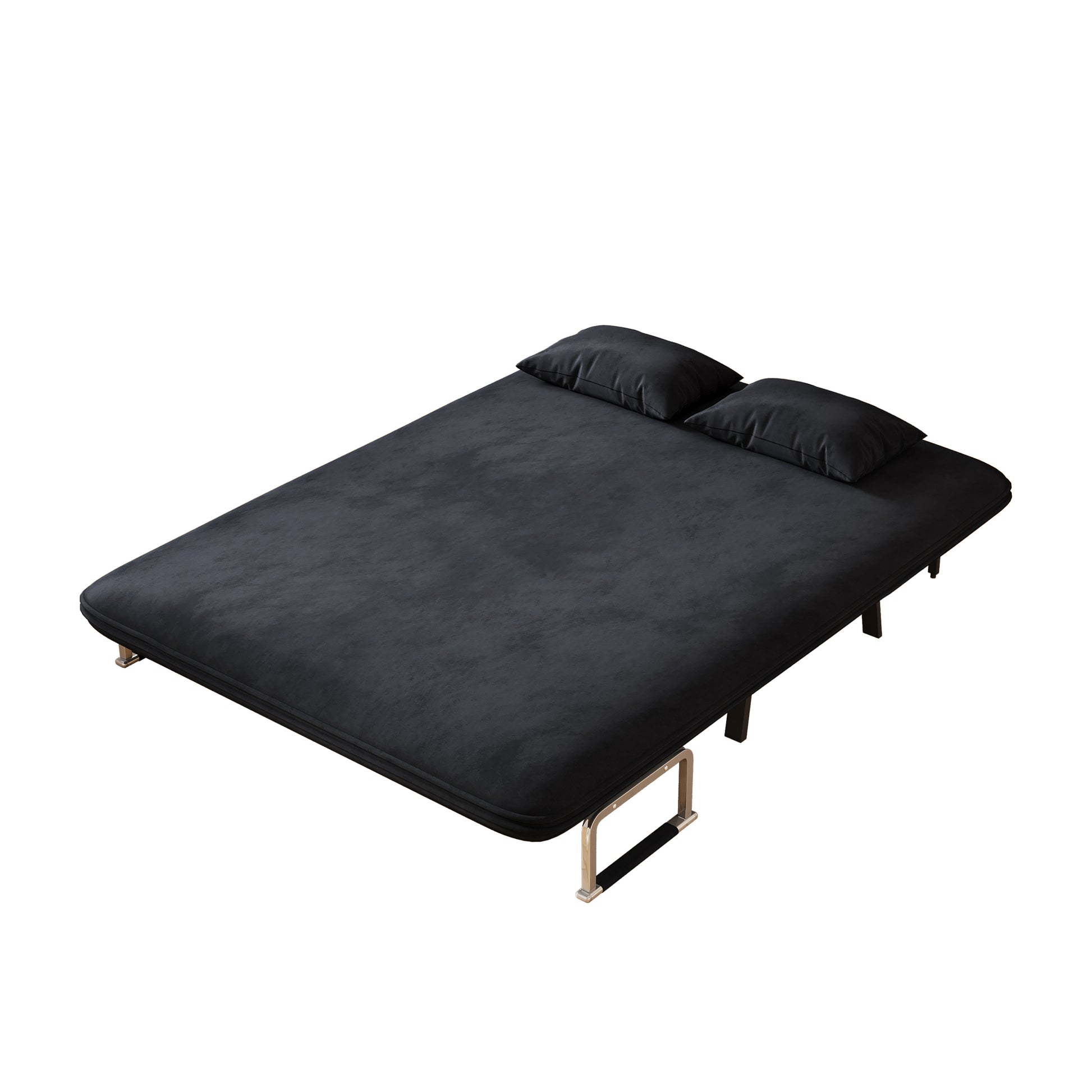 Black velvet sofa bed with two plush pillows perfect for small spaces