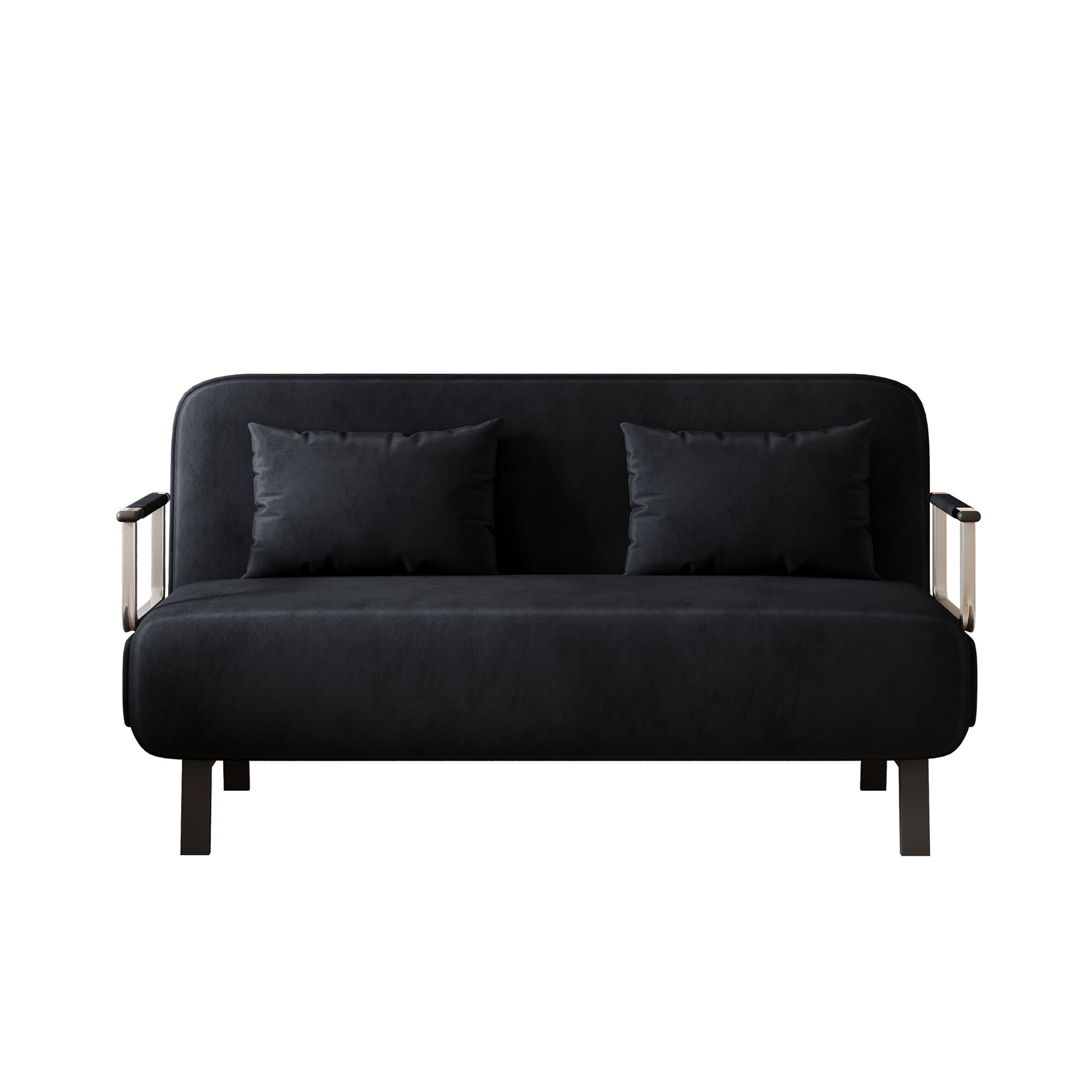 Sleek black sofa bed with chrome accents and two matching square cushions perfect for modern living rooms