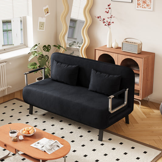 Black velvet futon sofa with chrome accents two plush pillows perfect for small apartments