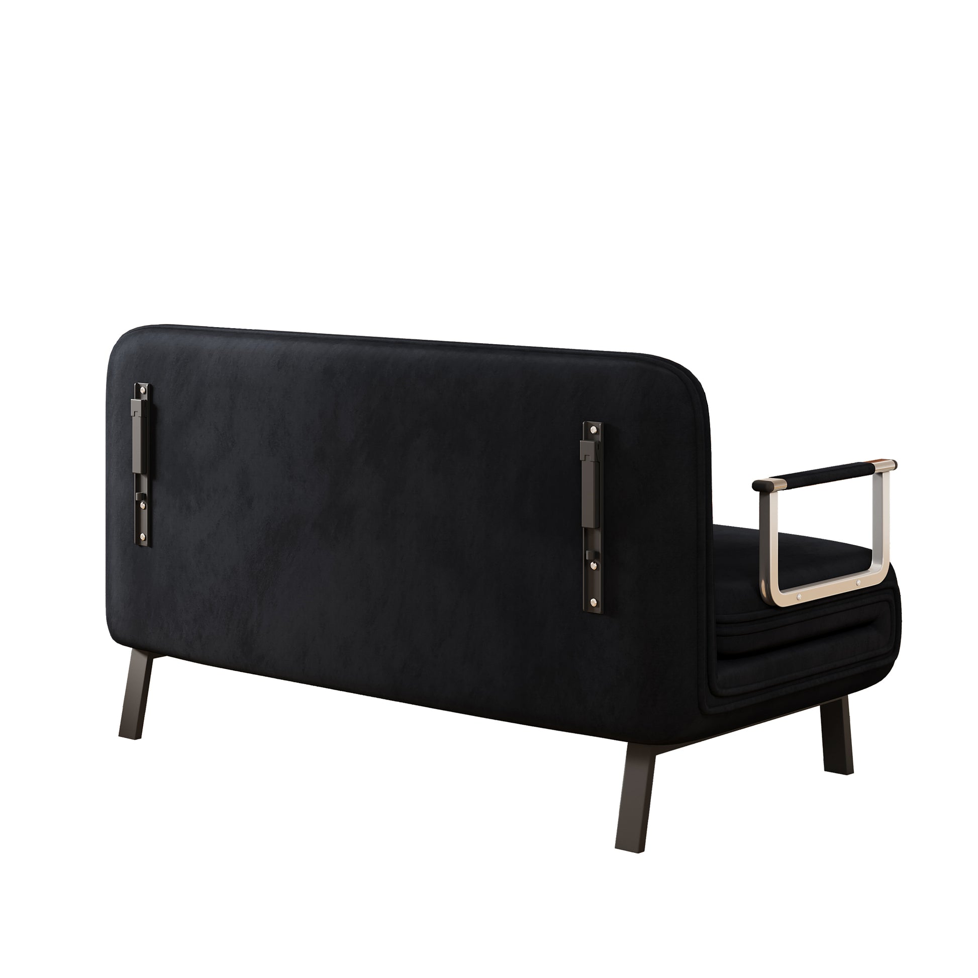 Black velvet loveseat with brushed metal armrests and dark wood legs