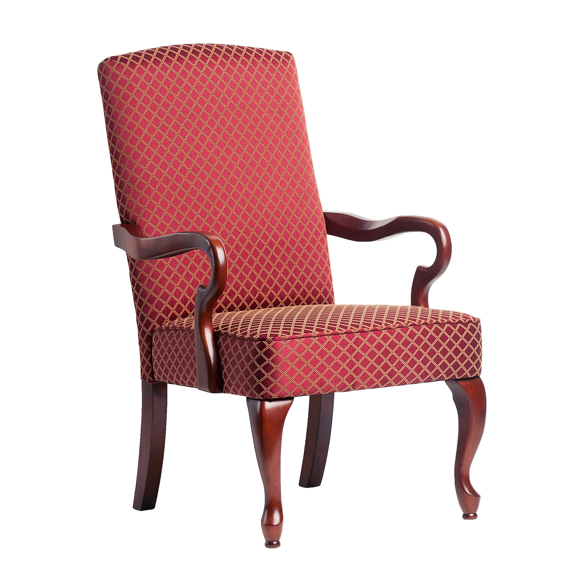 Red damask armchair with carved dark wood legs and arms elegant and classic design