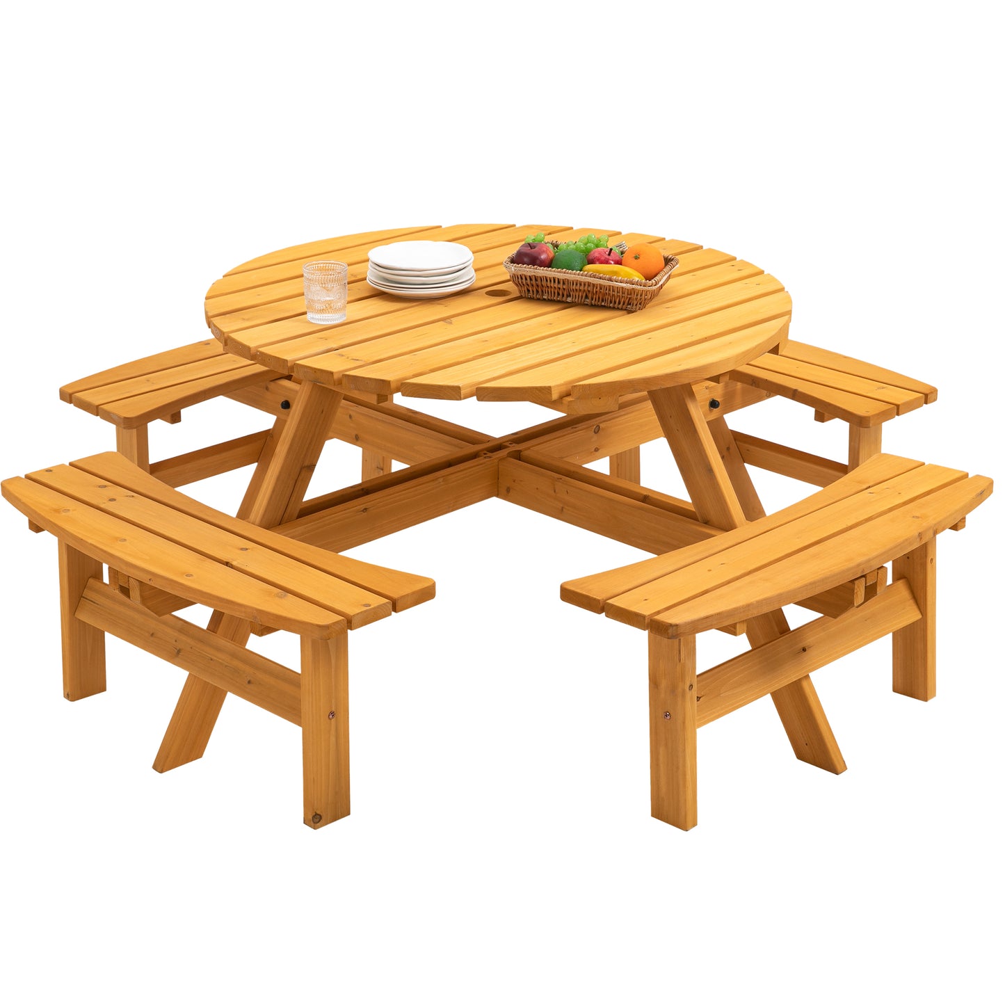 Wooden round picnic table with attached benches set for outdoor dining