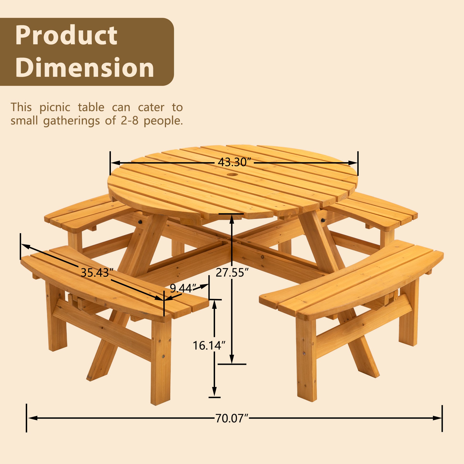 Natural wood round picnic table with attached benches  inch diameter top seats