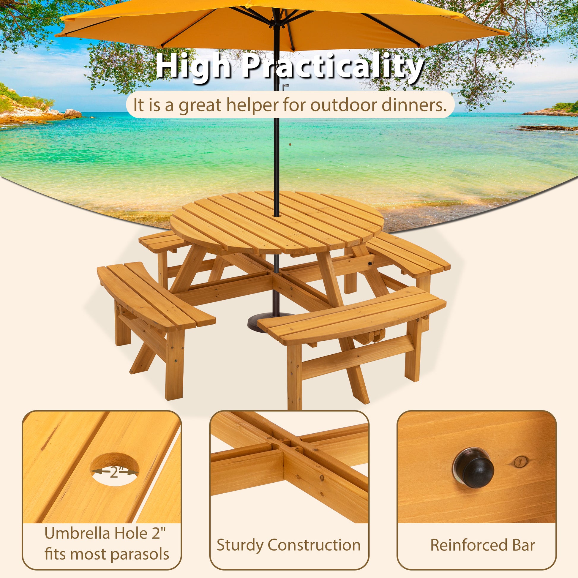 Round wooden picnic table with attached benches featuring a inch umbrella hole