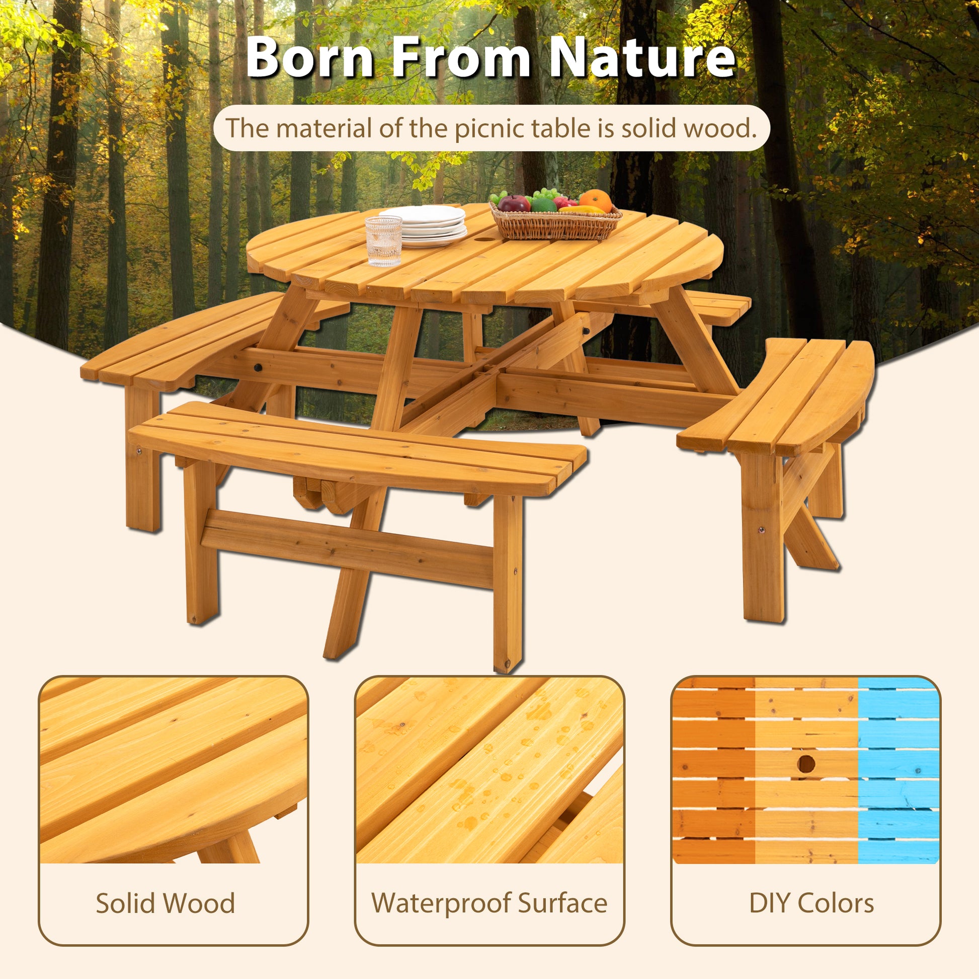 Wooden picnic table and benches with attached seating ideal for outdoor dining
