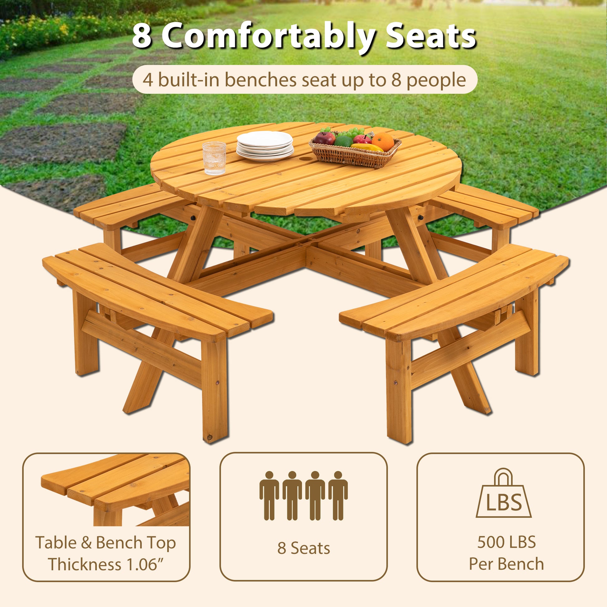 Round wooden picnic table with  attached benches seating up to  people comfortably outdoors