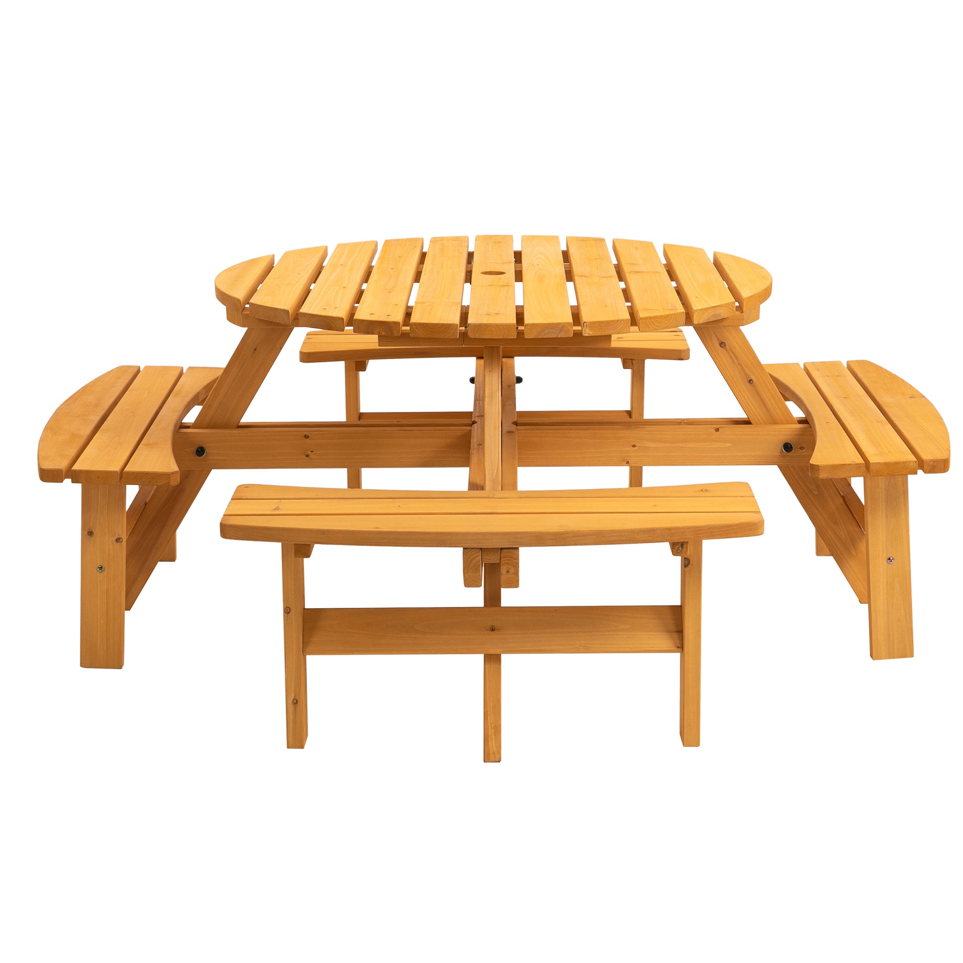 Round wooden picnic table with attached benches natural wood finish