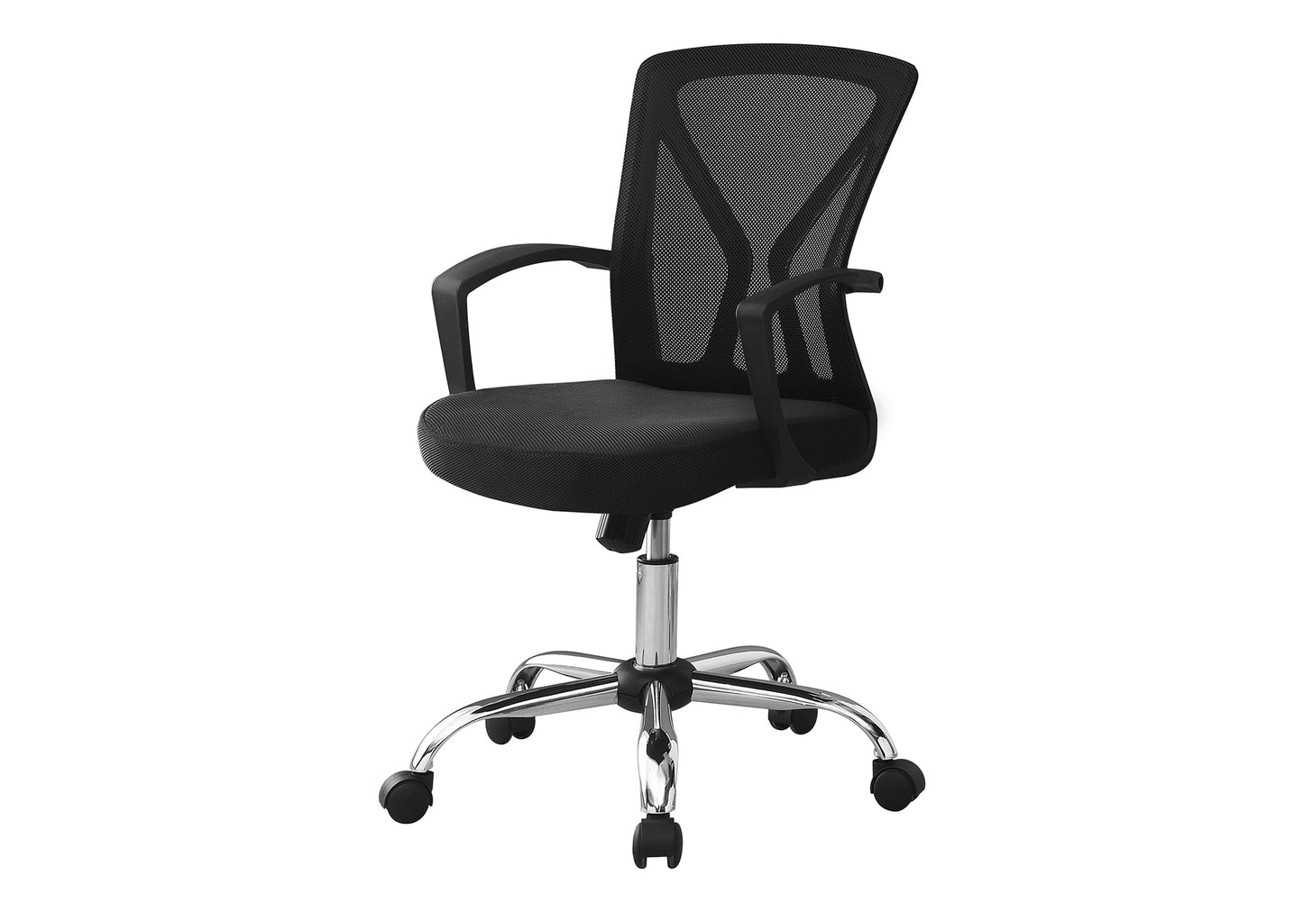 Black mesh back office chair with padded seat and chrome base on wheels