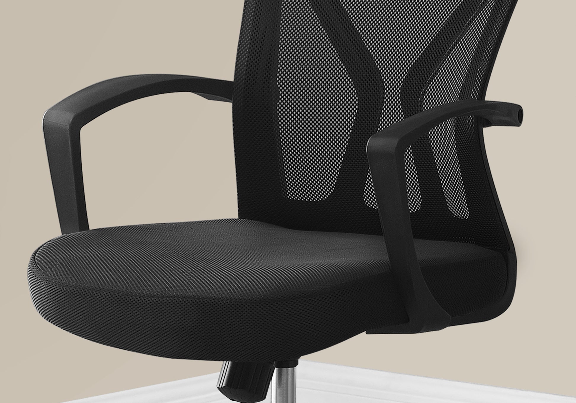 Black mesh office chair with padded seat and armrests for ergonomic support