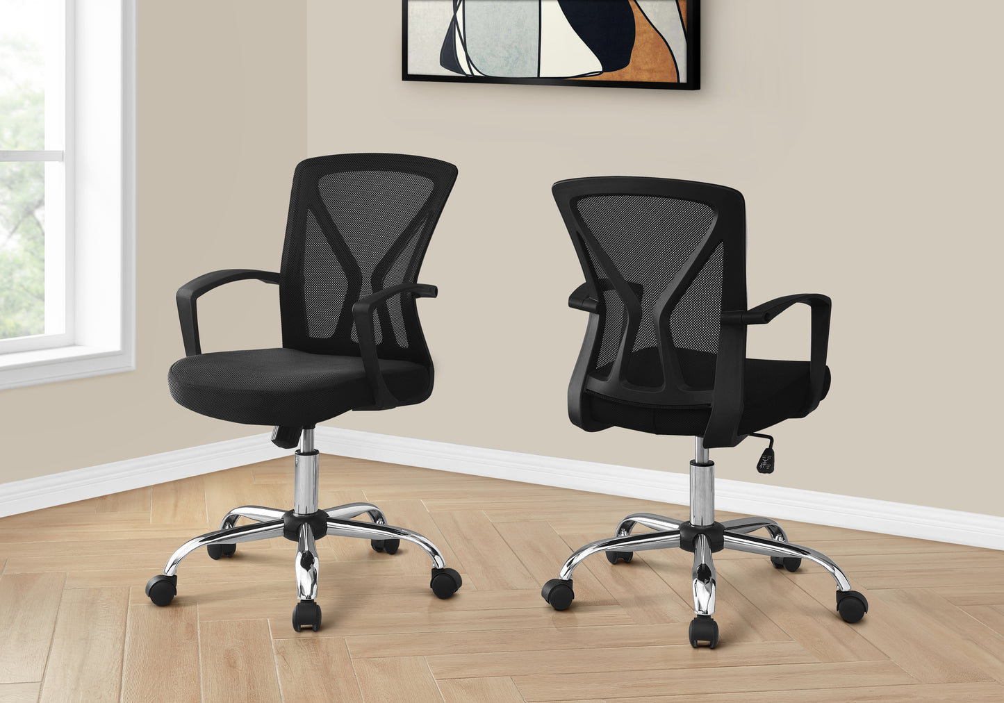 Black mesh back office chair with padded seat and chrome base
