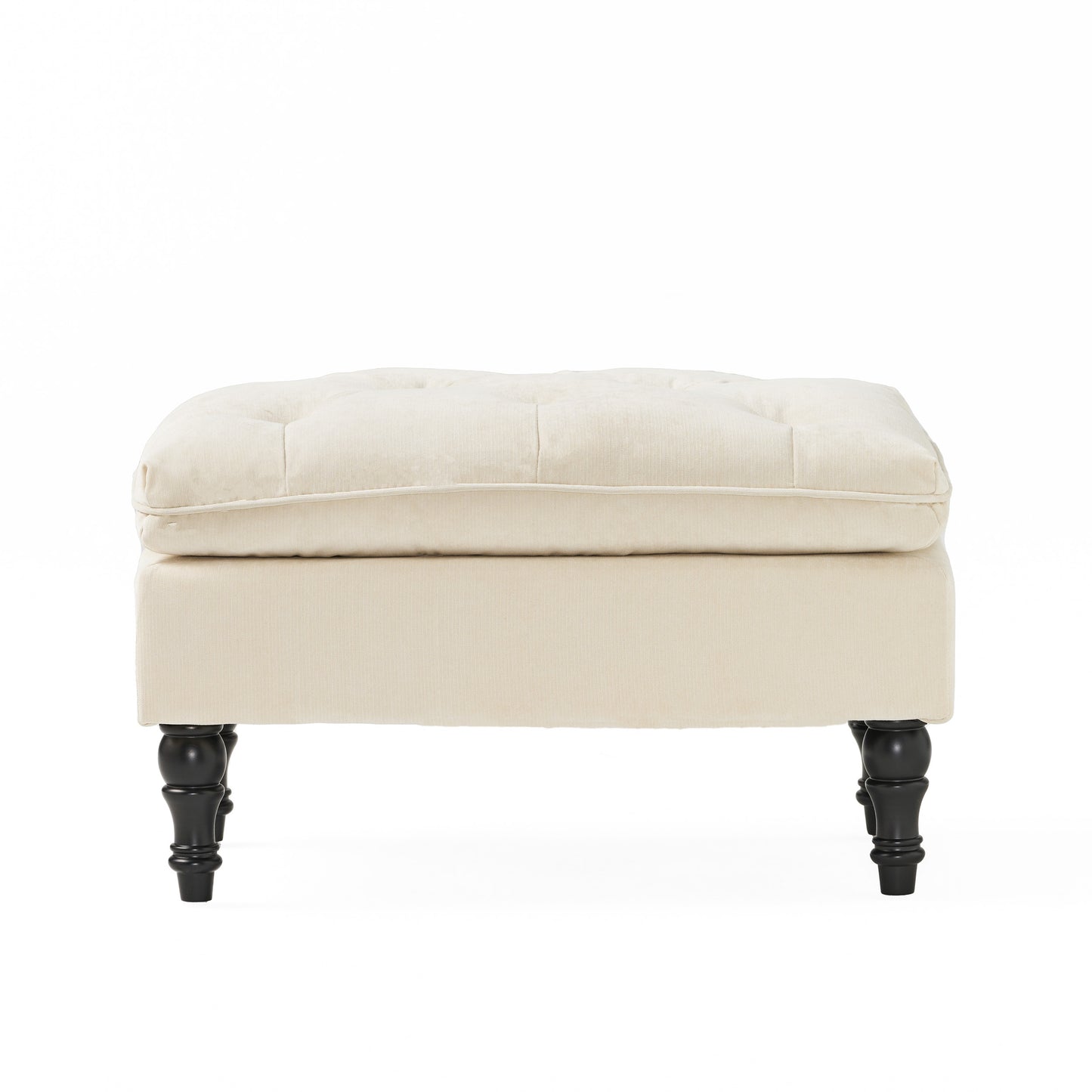 Cream tufted velvet ottoman with dark wooden legs for living room accent
