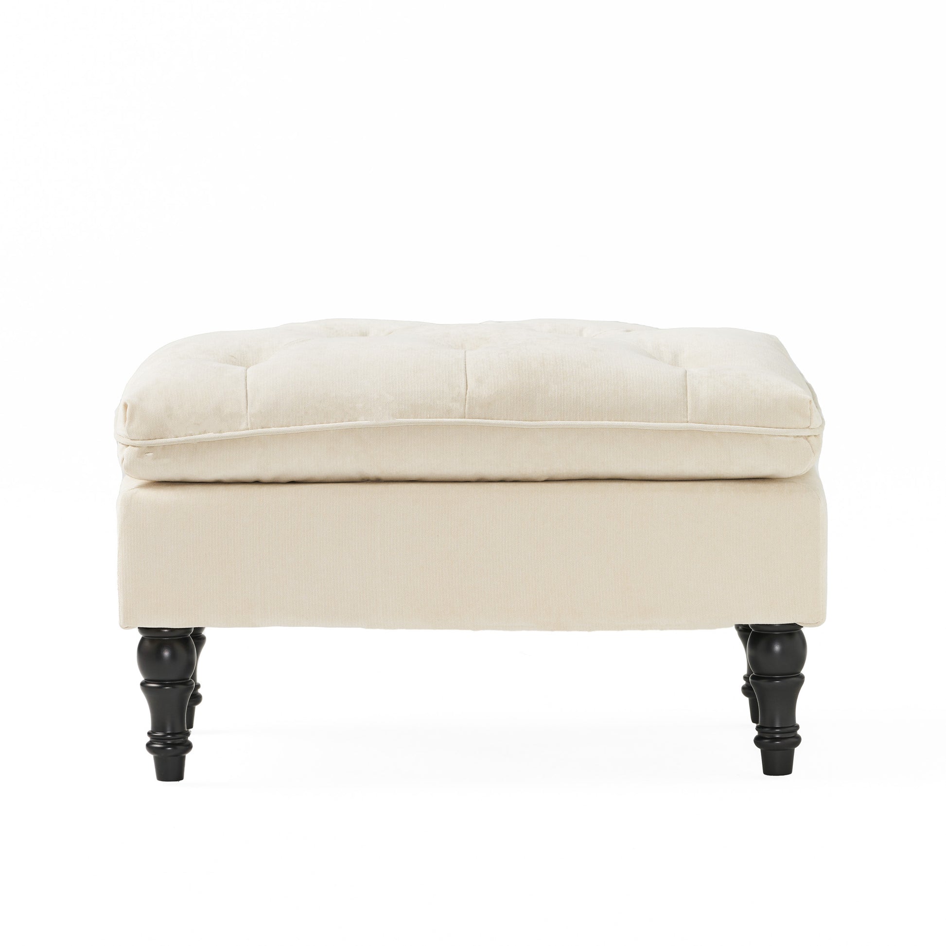 Cream tufted velvet ottoman with dark wooden legs for living room accent
