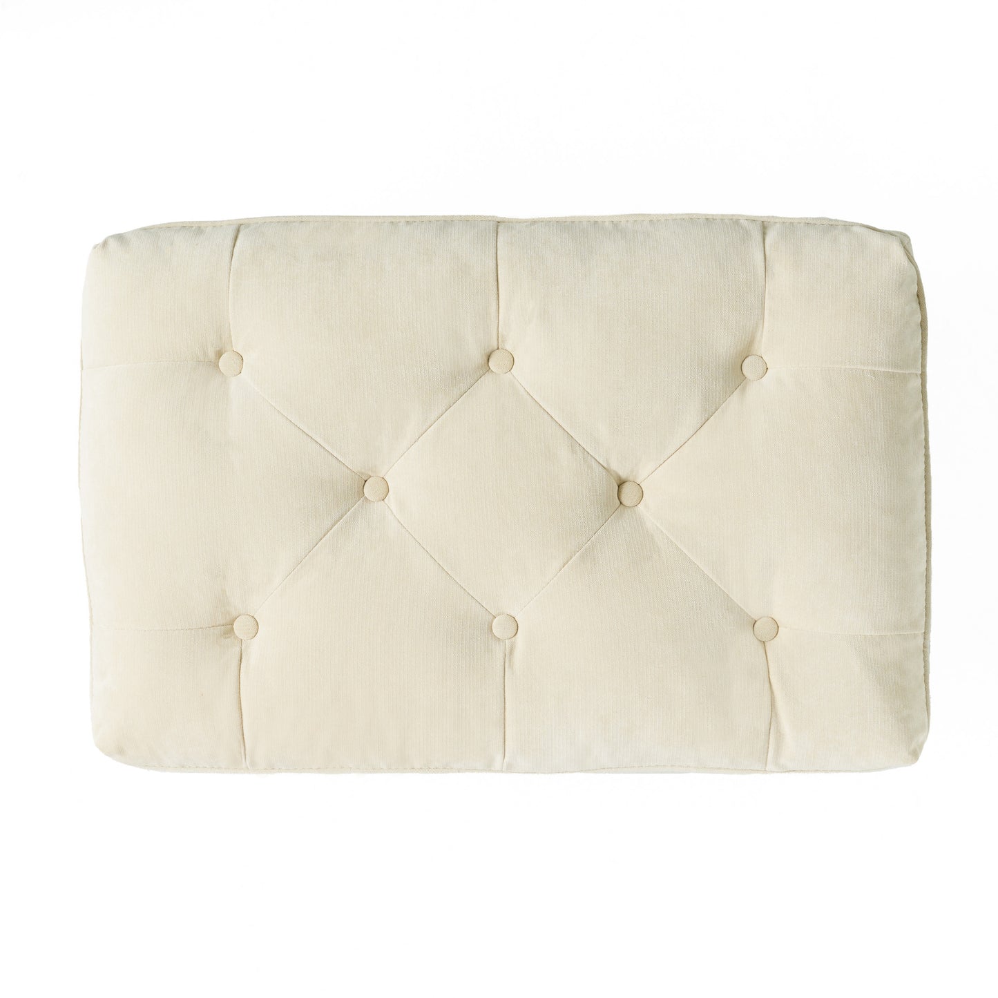 Cream upholstered ottoman with diamond tufting and button details