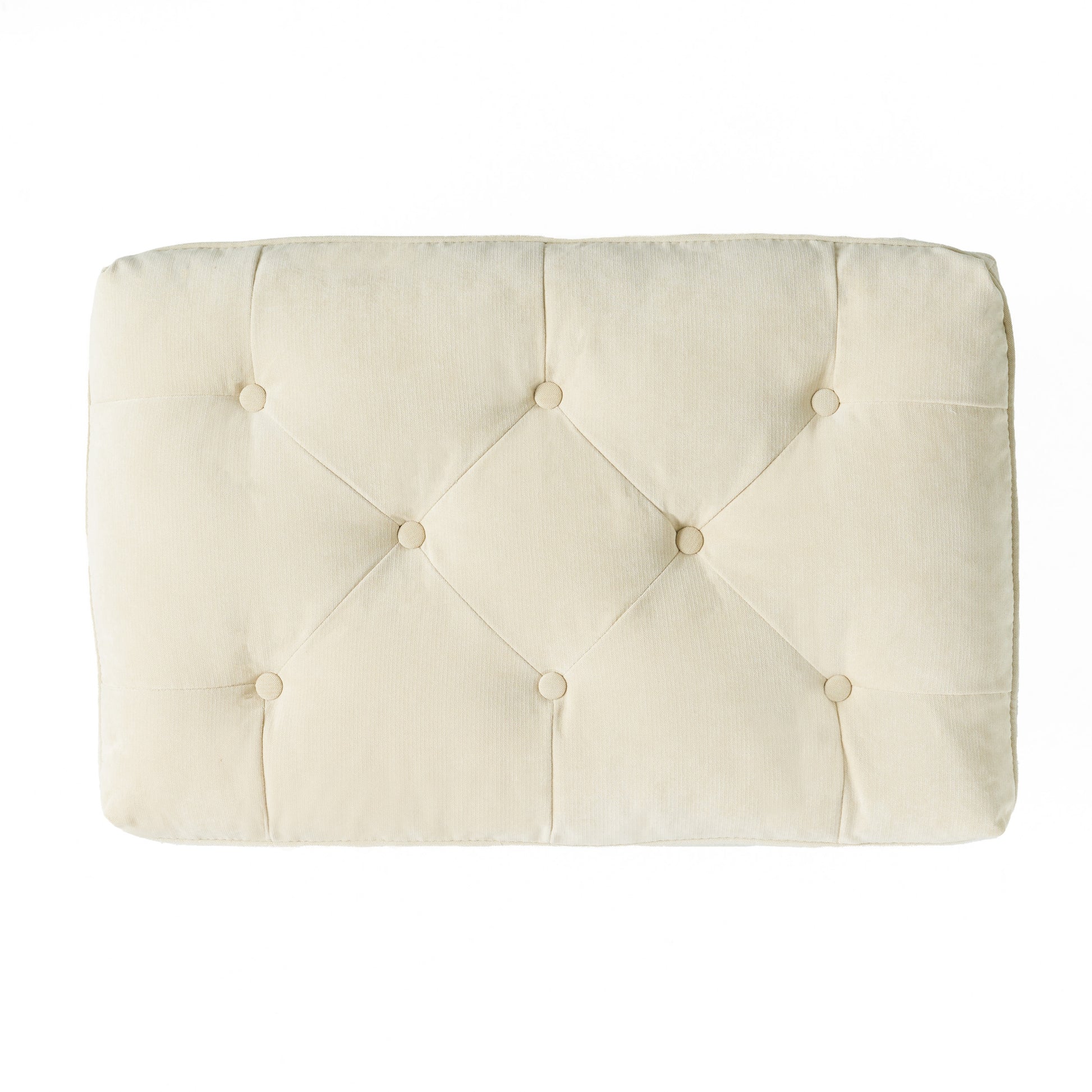 Cream upholstered ottoman with diamond tufting and button details
