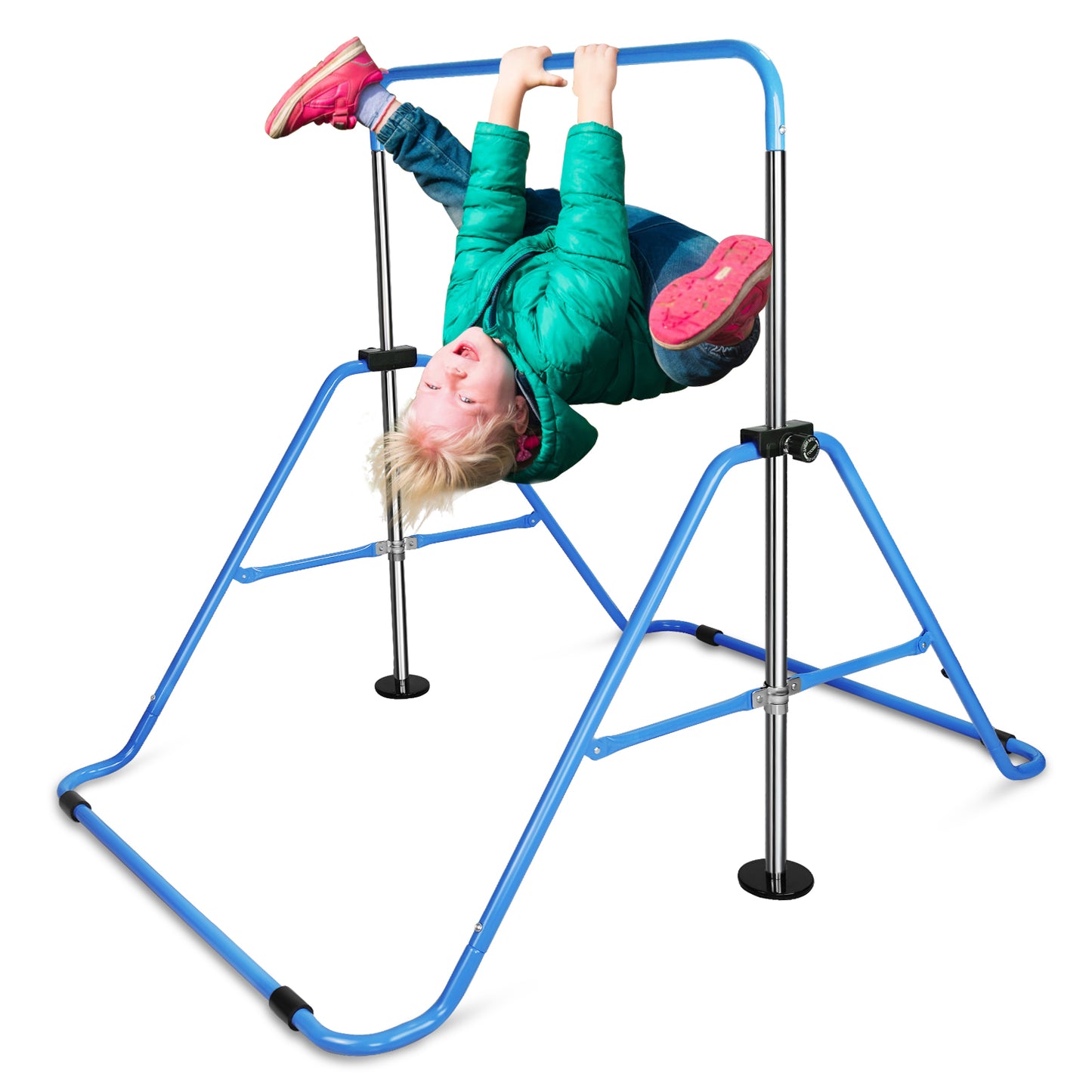 Child hanging upside down on a blue junior gymnastic bar wearing a green jacket and pink shoes