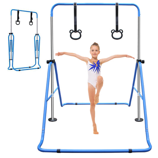 Blue adjustable gymnastics bar for kids with gymnastic rings
