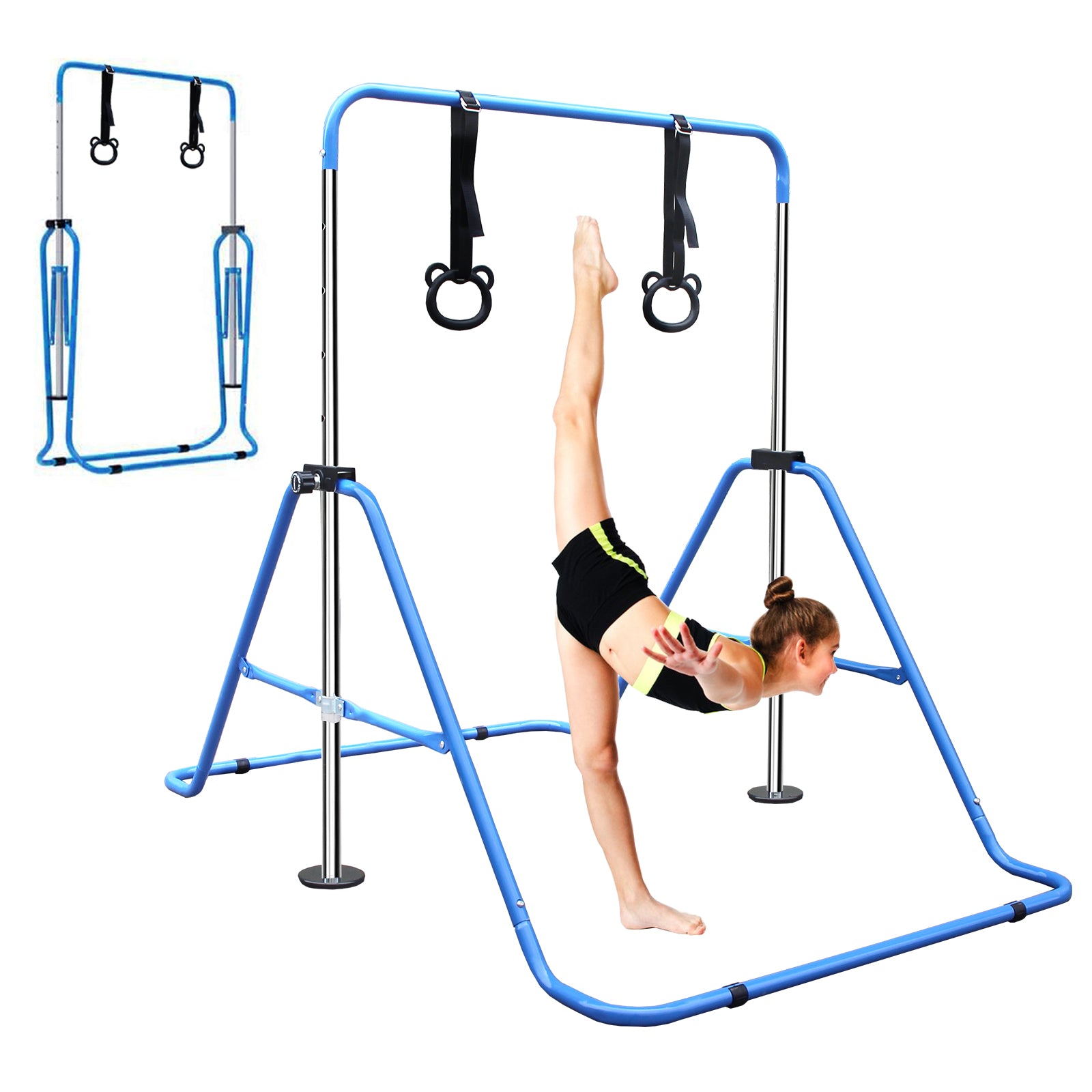 Blue gymnastics bar for kids with adjustable height and gymnastic rings for training
