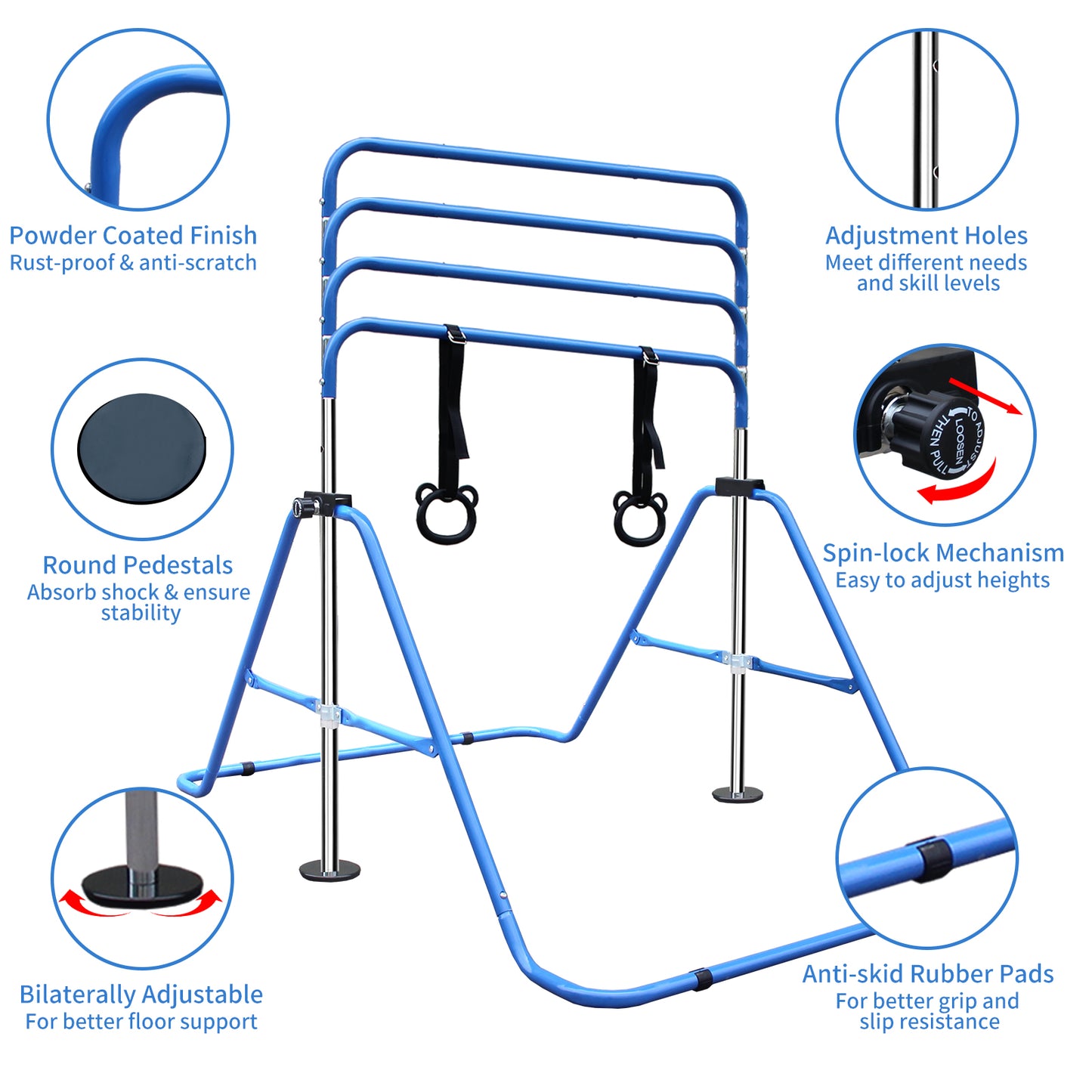 Blue powdercoated gymnastic bar with rustproof finish ideal for home workouts