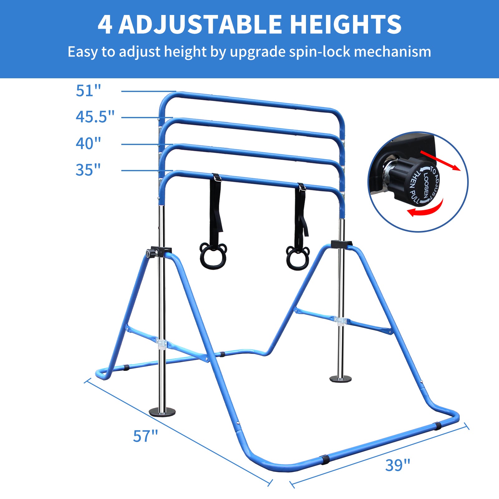Blue adjustable horizontal bar with  height settings for gymnastics