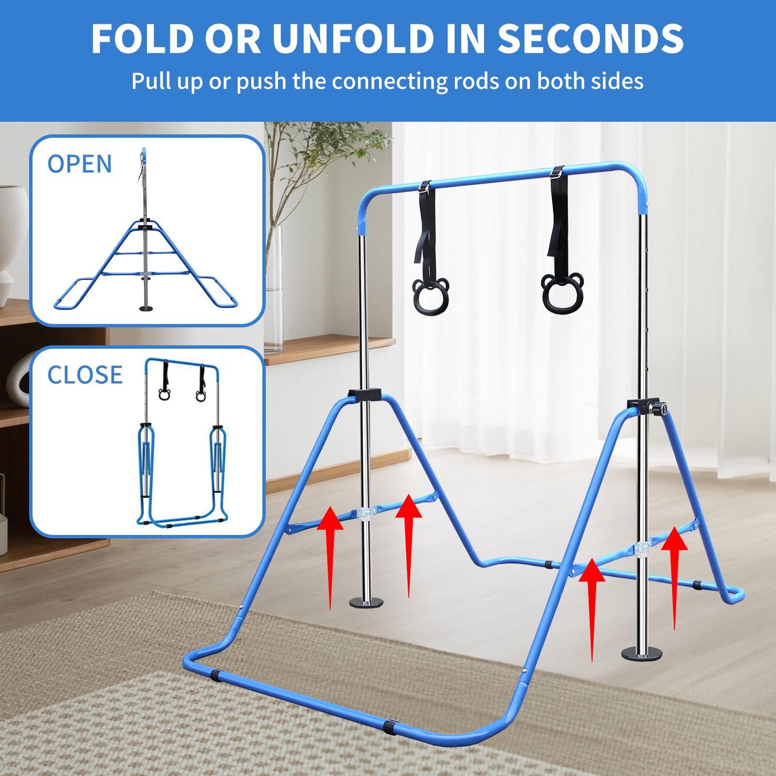 Blue steel infant gym foldable playard with hanging rings ideal for baby development