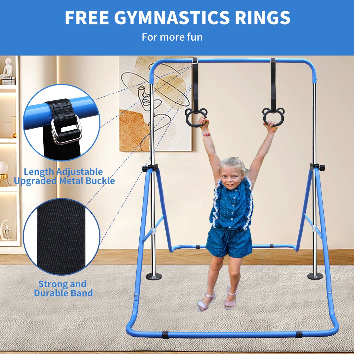 Blue metal gymnastics bar with adjustable straps and bearshaped rings for kids