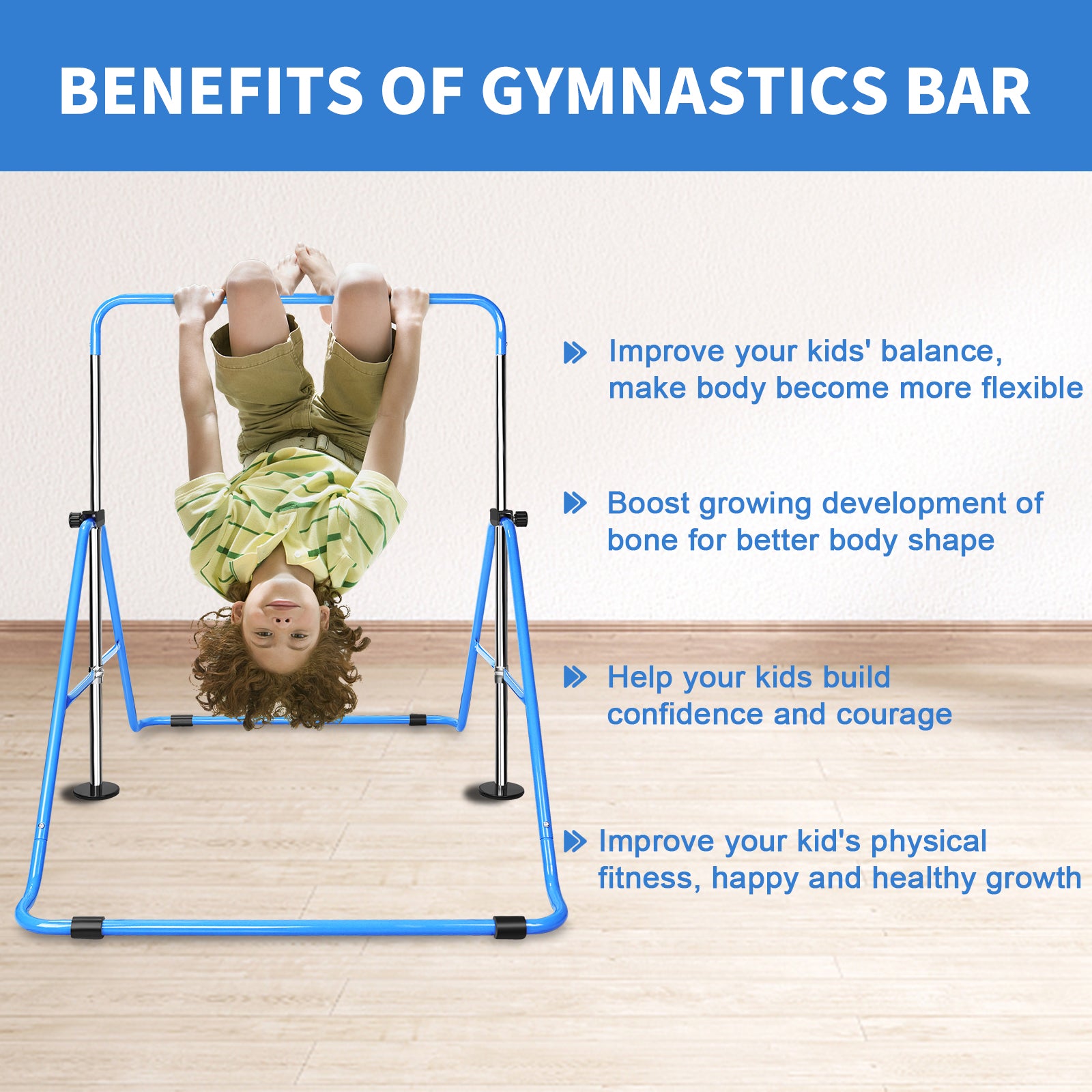 Blue metal kids gymnastics bar with child hanging upside down promoting fitness