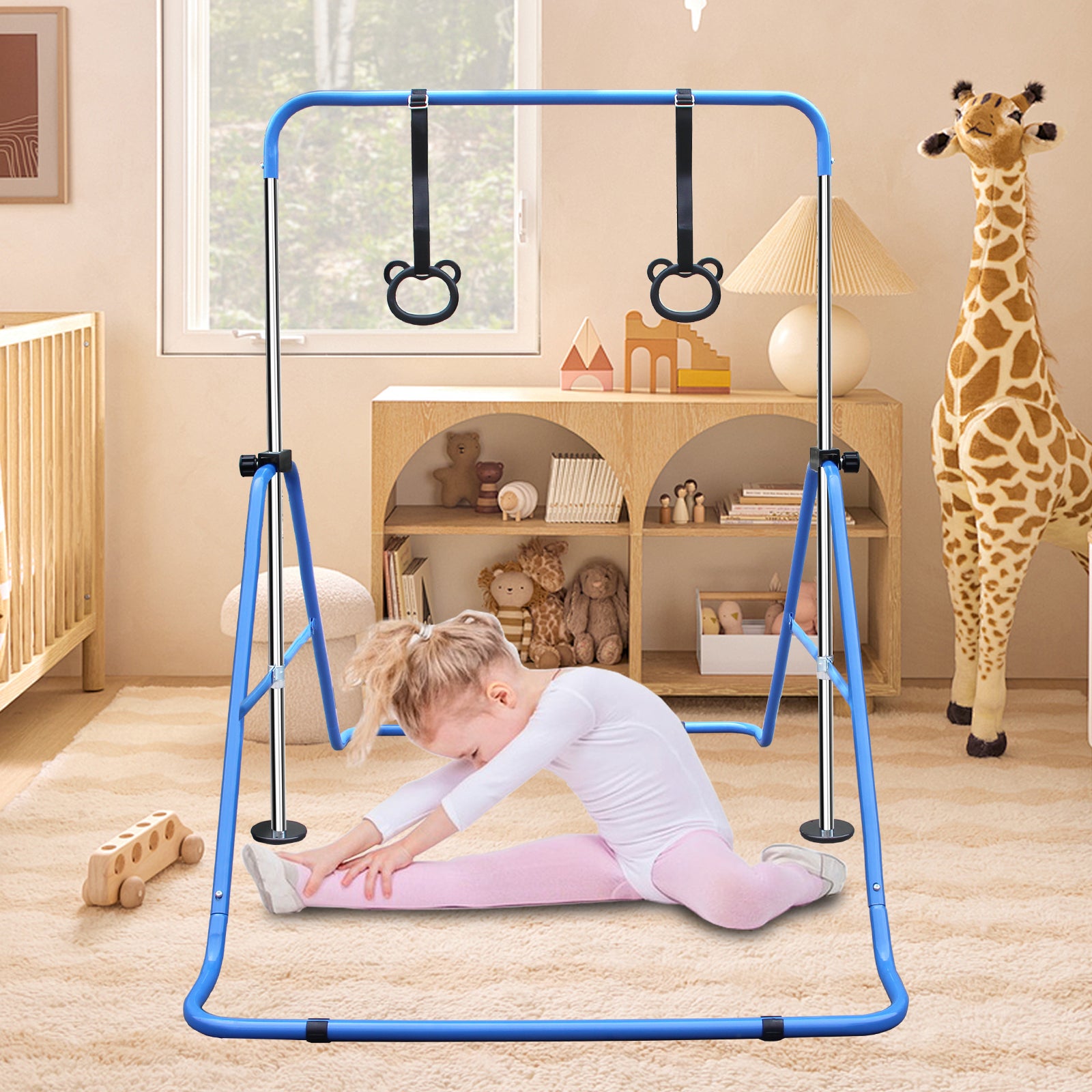 Blue steel junior gymnastics bar with bearshaped rings for kids