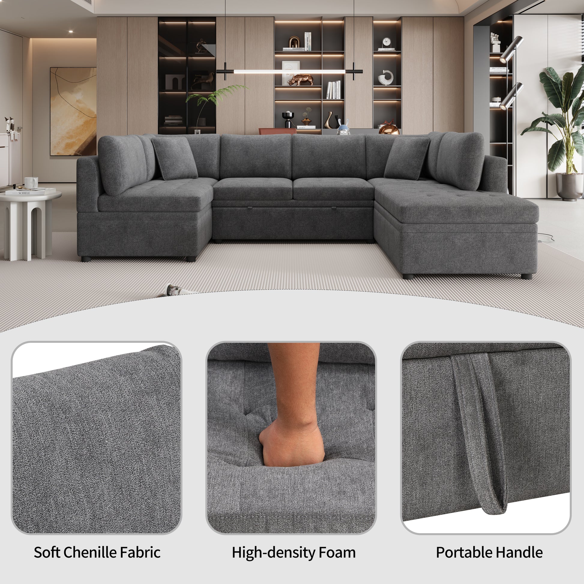 Spacious charcoal grey Ushaped sectional sofa with storage upholstered in soft chenille fabric
