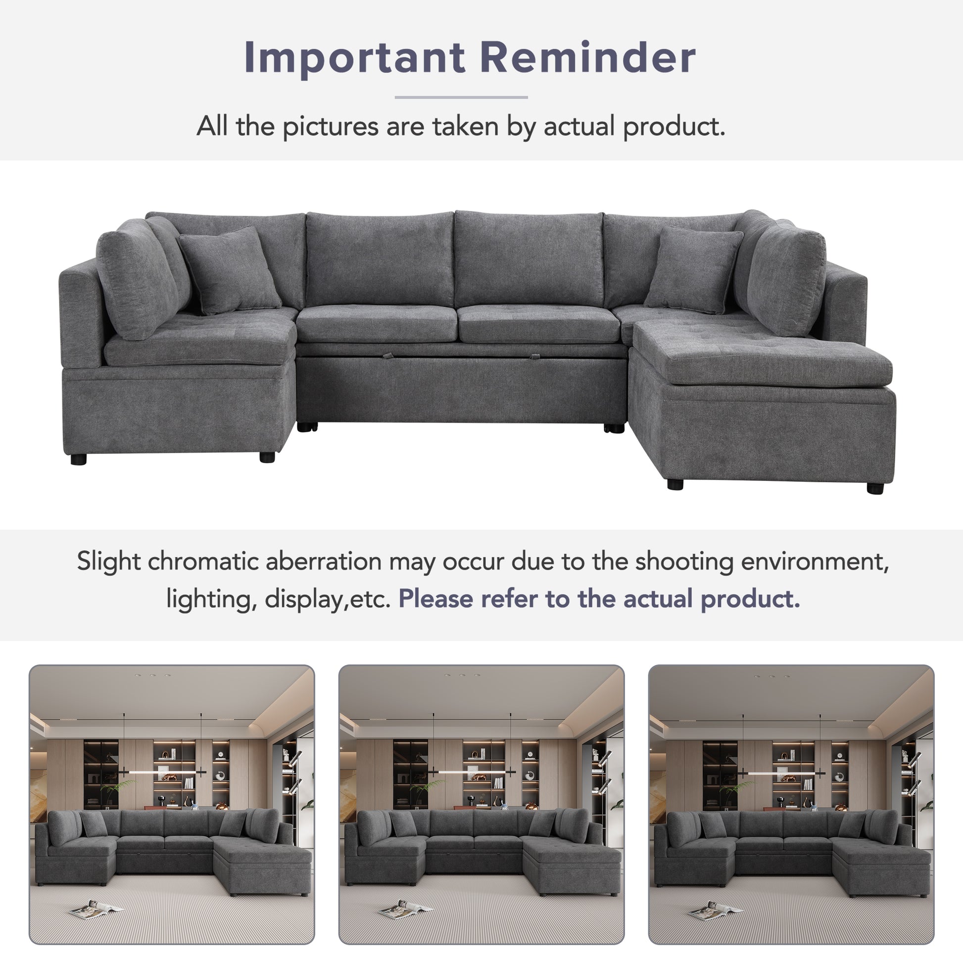 Dark grey fabric Ushaped sectional sofa with tufted seats and storage ottomans