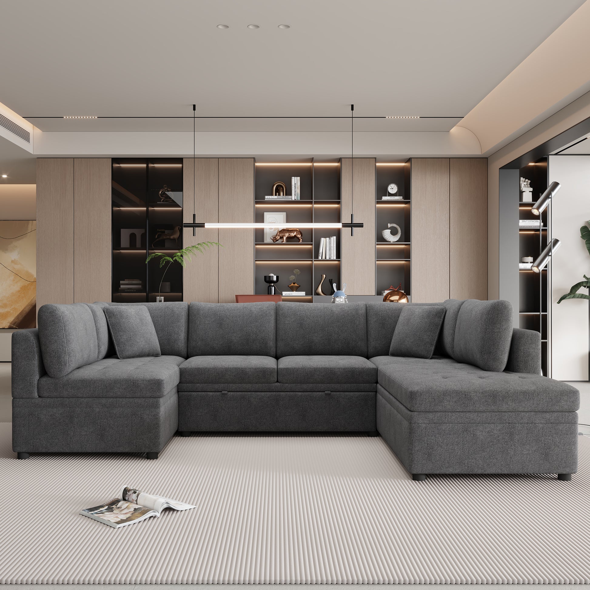 Dark gray fabric Ushaped sectional sofa with storage chaise and tufted cushions