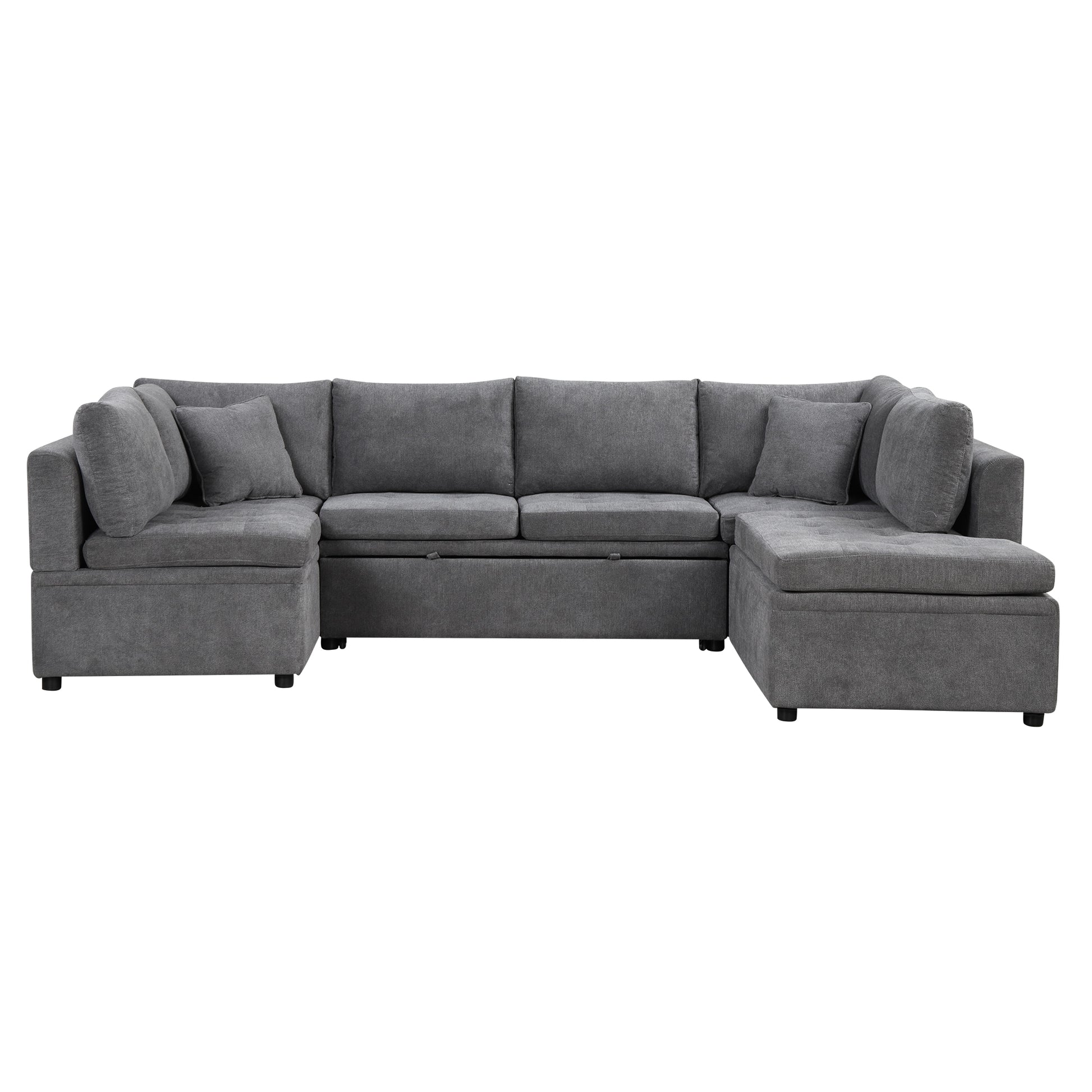 Grey fabric sectional sofa with storage chaise and accent pillows