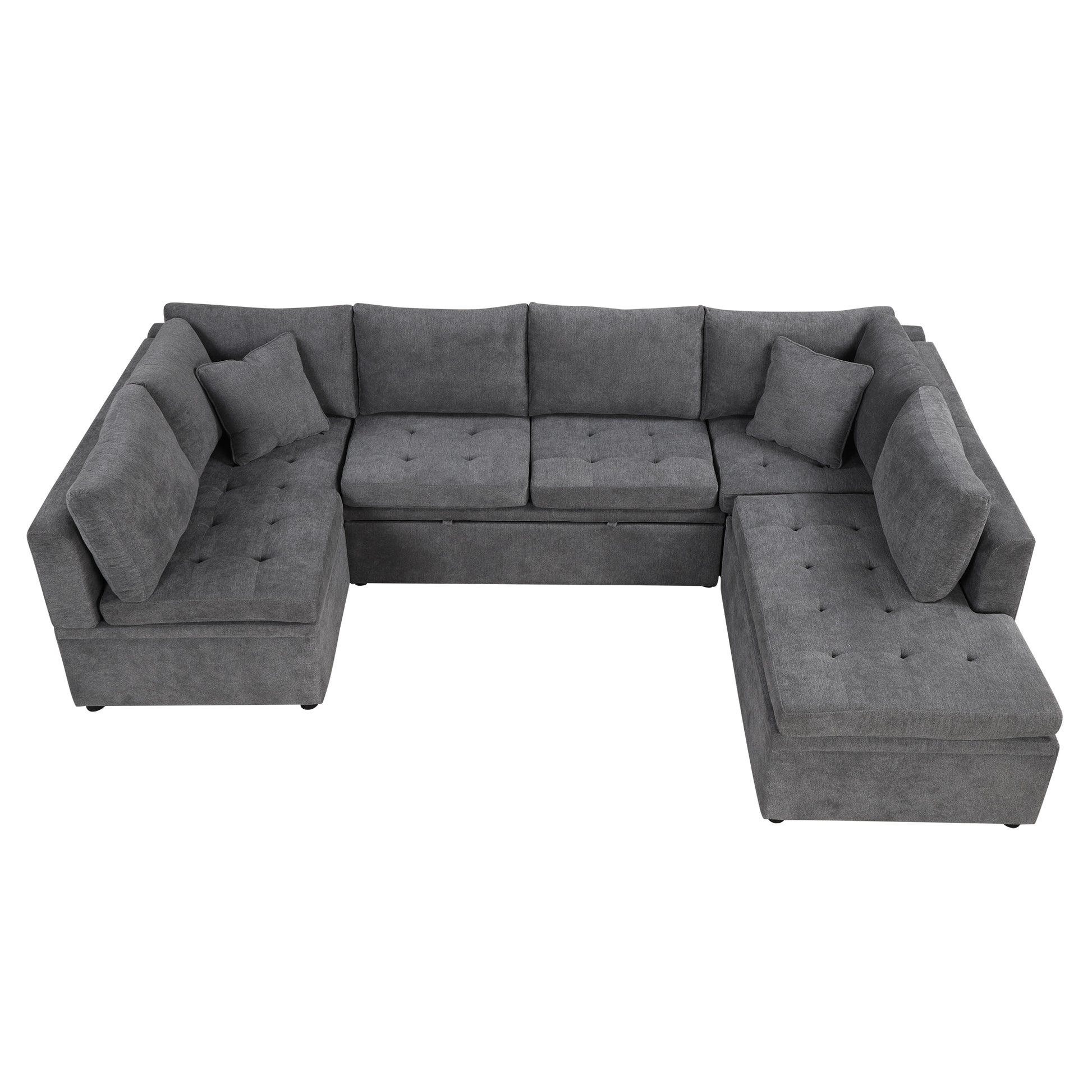 Ushaped charcoal grey fabric sectional sofa with tufted seats and multiple cushions