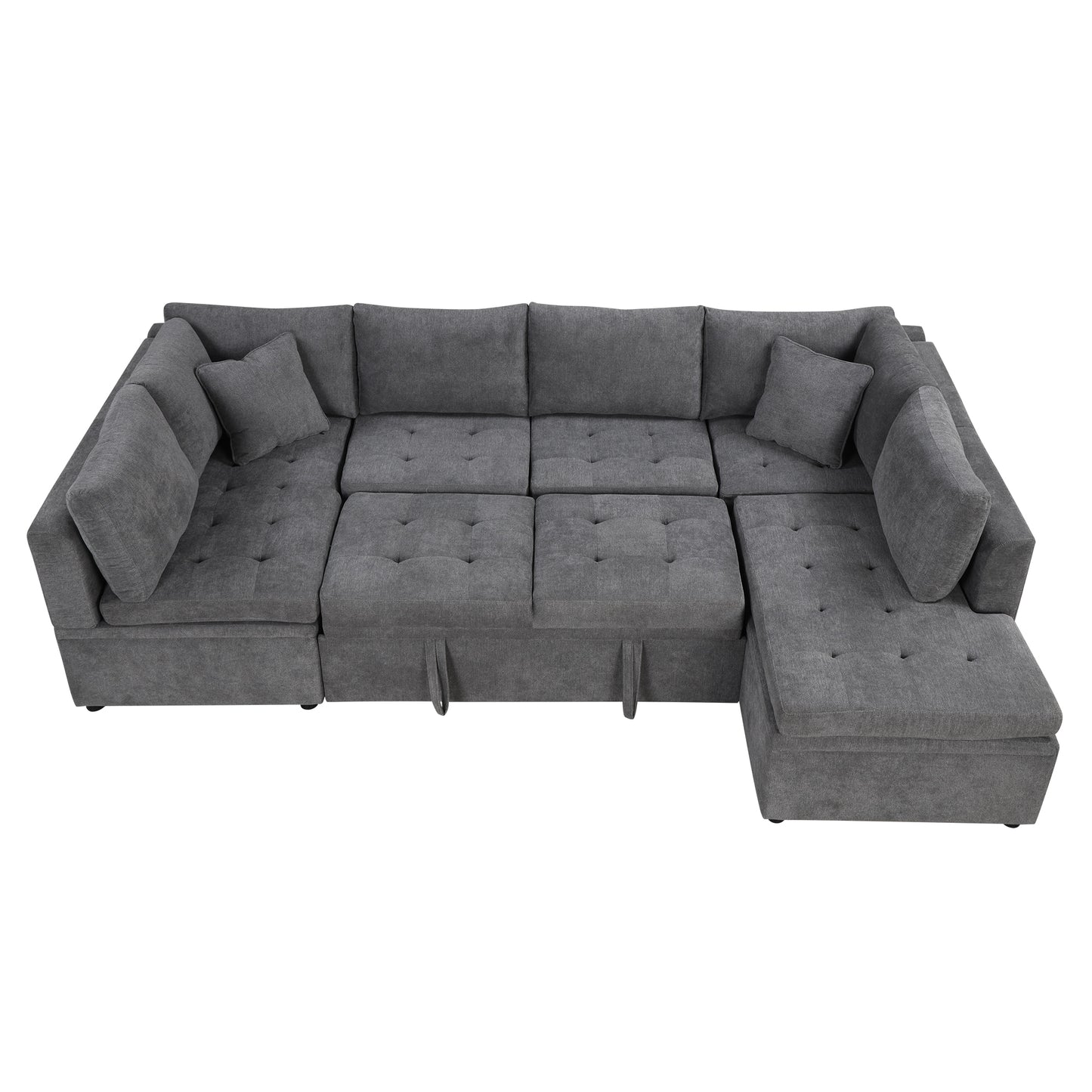 Plush charcoal grey fabric sectional sofa with tufted cushions and multiple seating areas