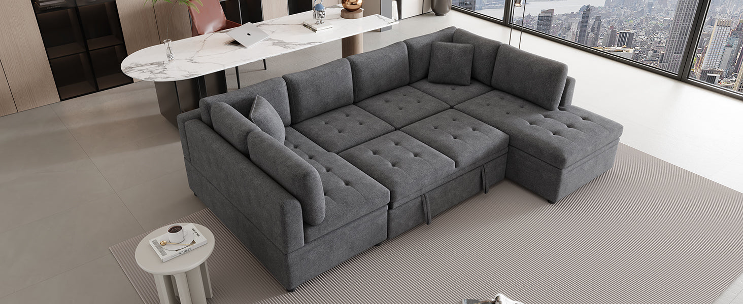 Dark grey fabric sectional sofa with tufted cushions and storage ottomans modern living room furniture