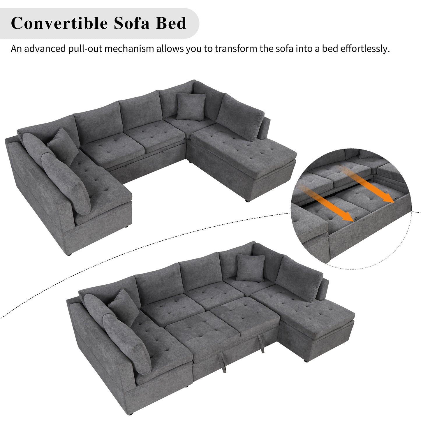 Dark gray fabric Ushaped convertible sofa bed with plush cushions and storage